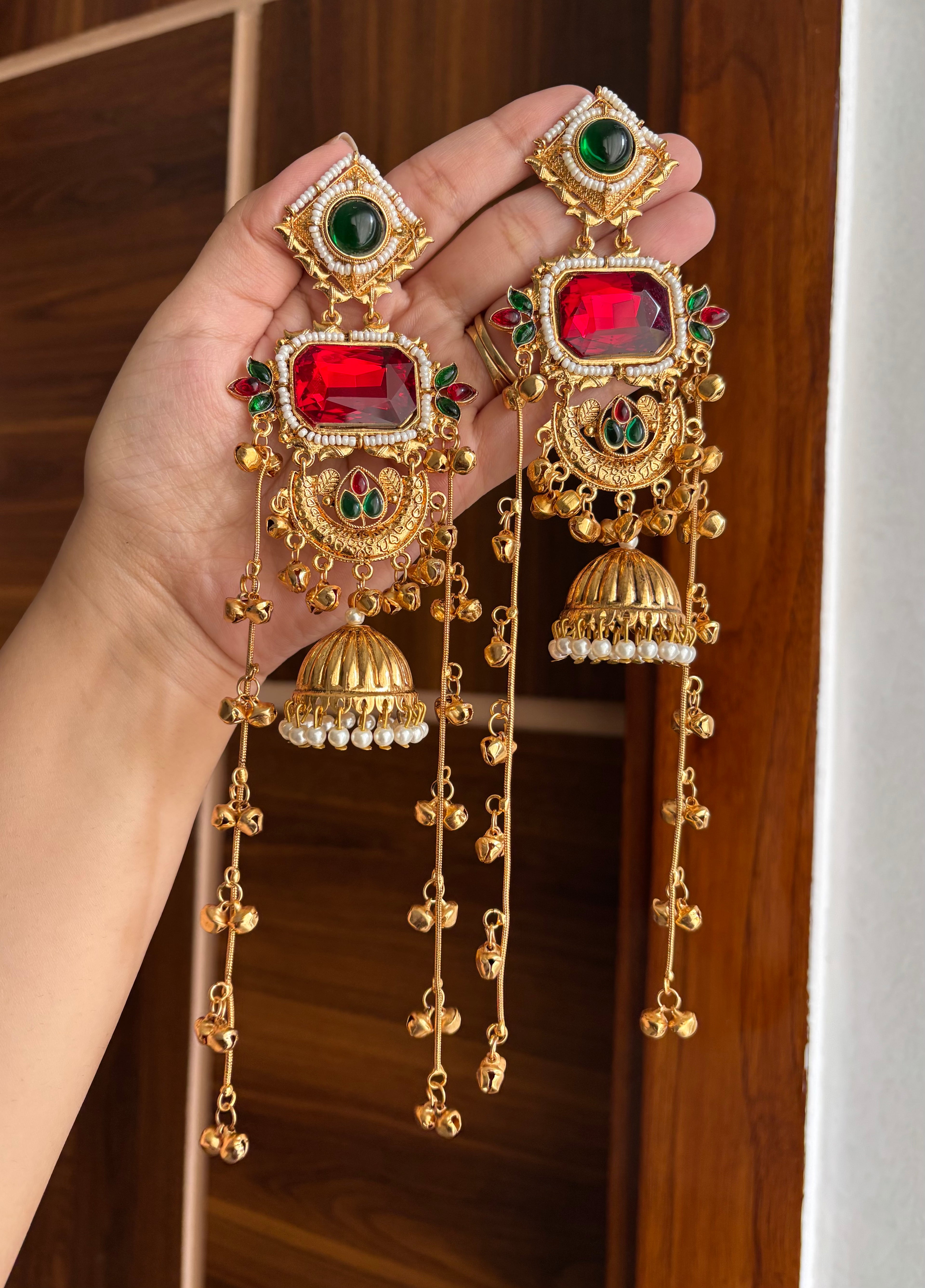Prajakta Kashmiri Long Earrings (Maroon & Green)