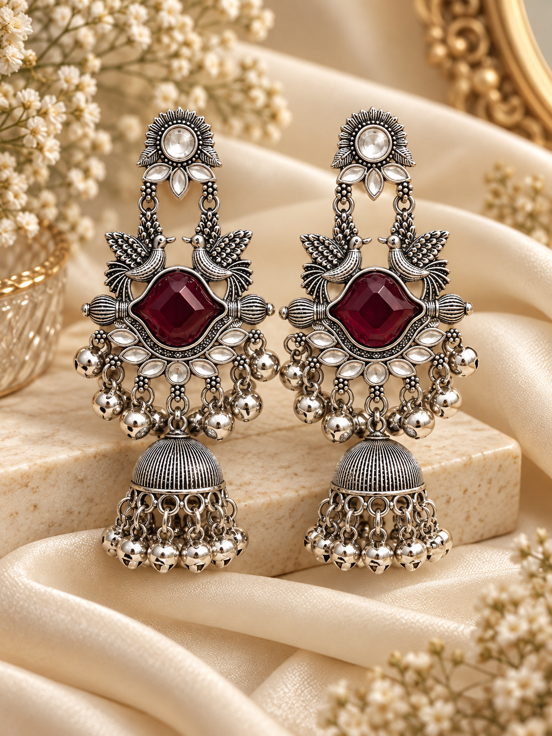 Saloni Silver Jhumkas (Wine)