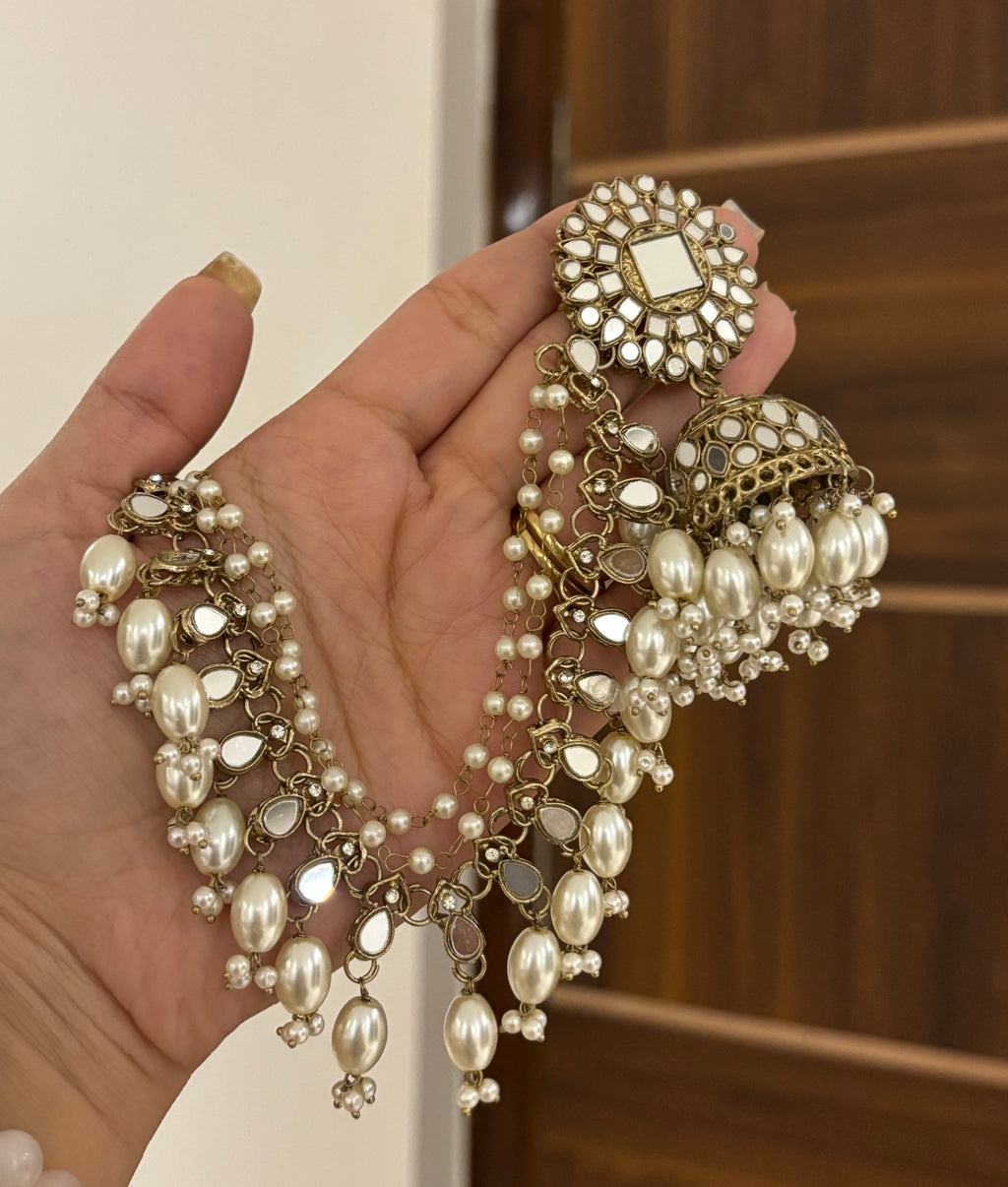 High Quality Designer Premium Quality Full Mirror Work Mang Tikka & Jhumkas With Side Layers