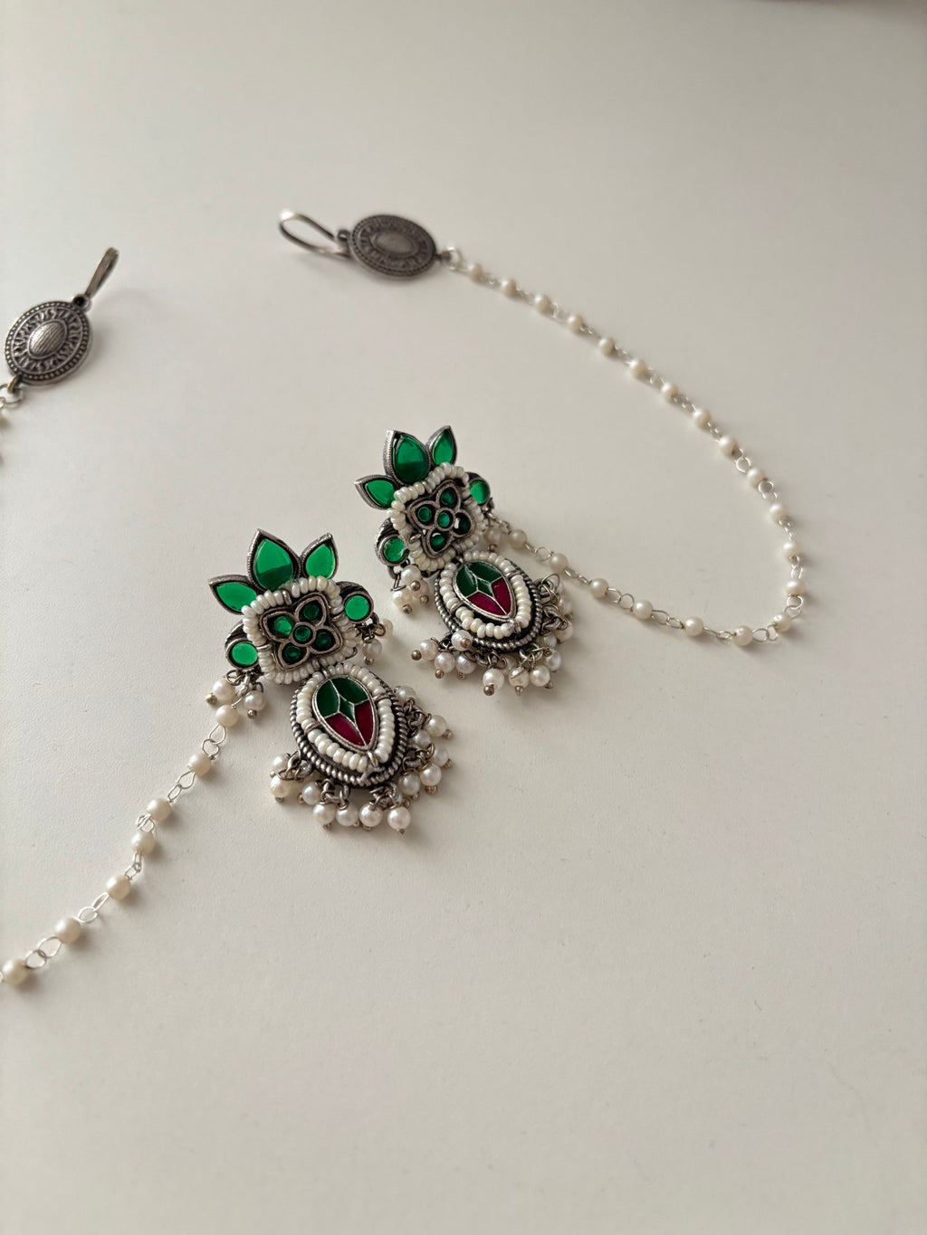 German Silver Earrings With Side Layer (Green)
