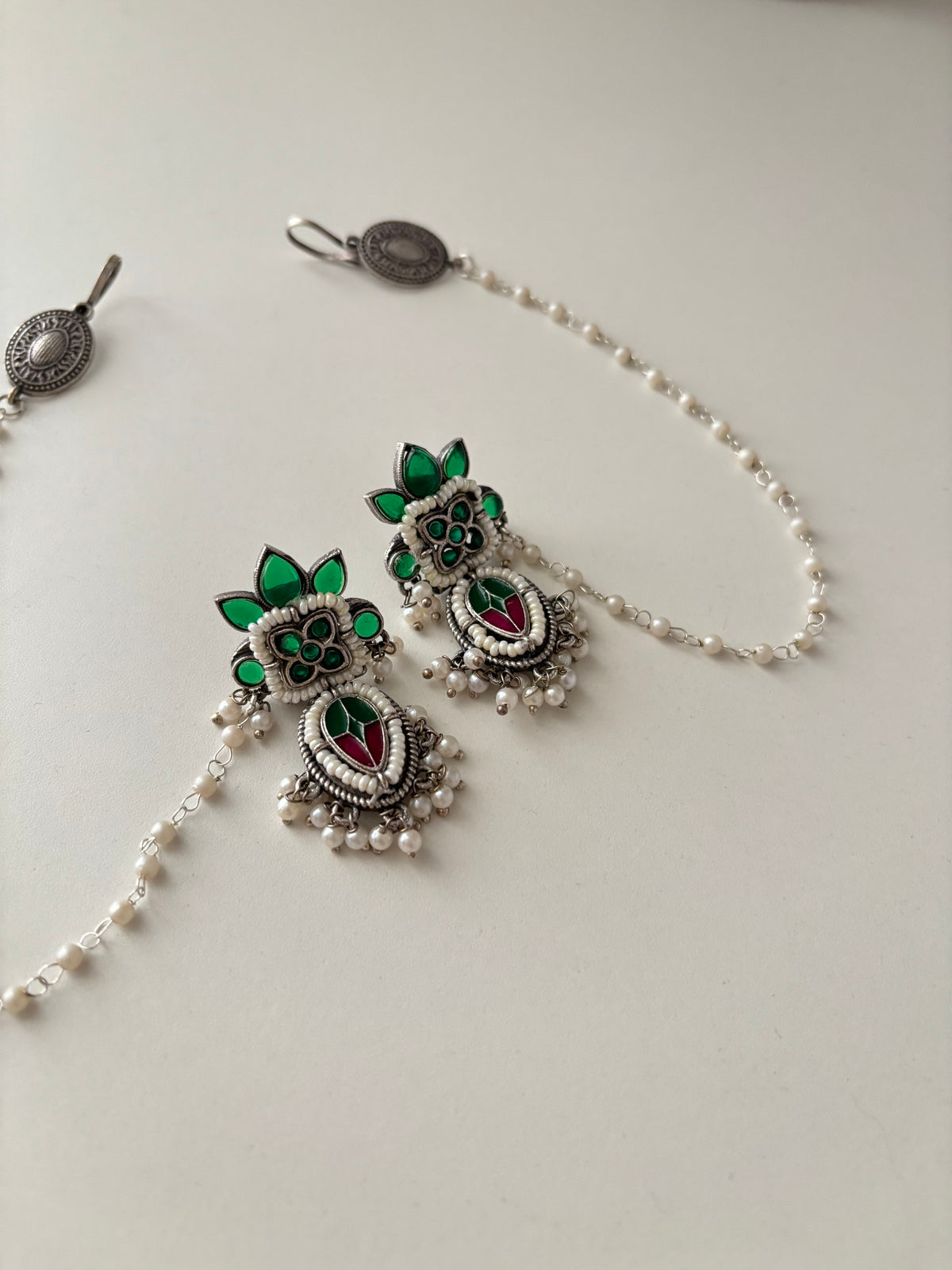 German Silver Earrings With Side Layer (Green)