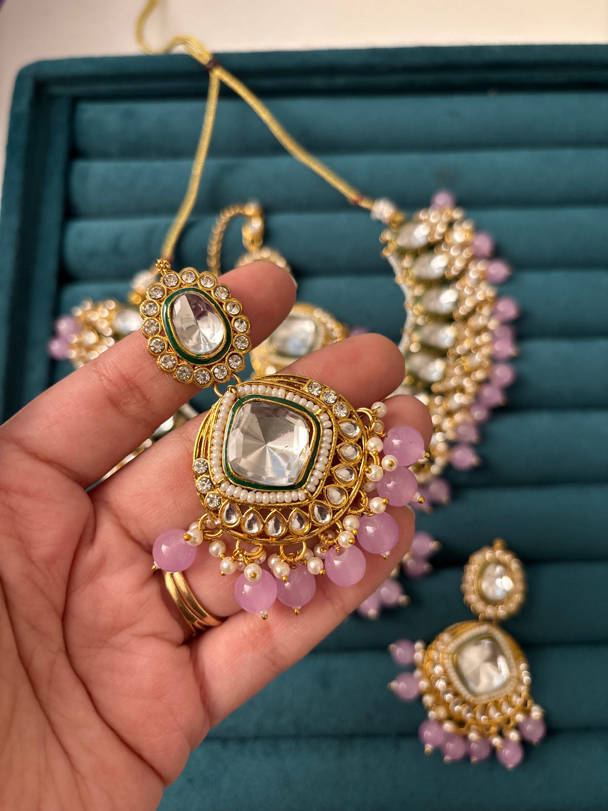 Lavender Kundan Dupe Necklace With Mang Tikka & Earrings