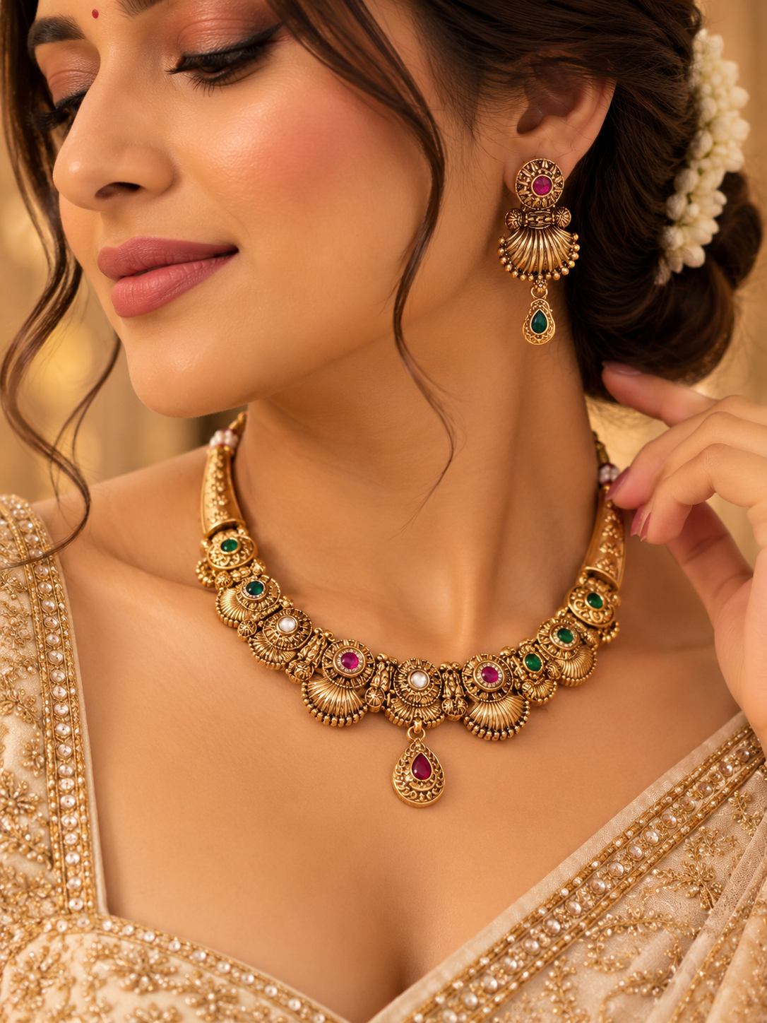 Premium Gold Look Like Sleek Necklace With Earrings (Ruby & Emerald Touch) Design-2