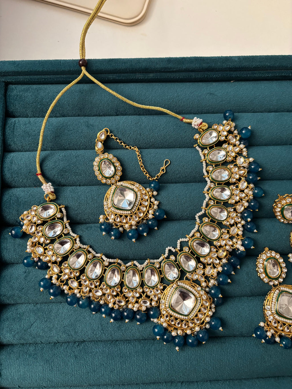 Blue Kundan Dupe Necklace With Mang Tikka & Earrings