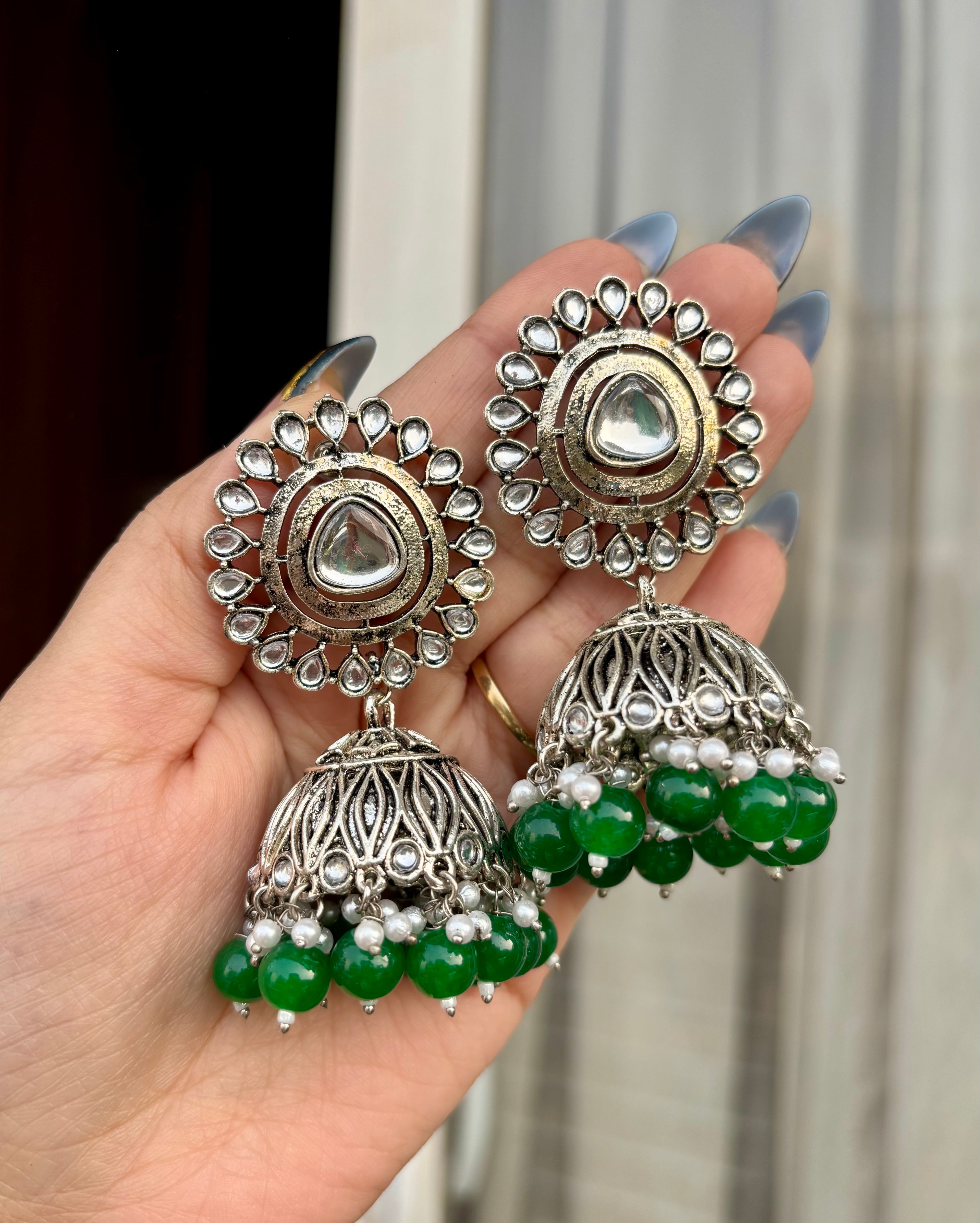 Green Flower Silver Jhumkas