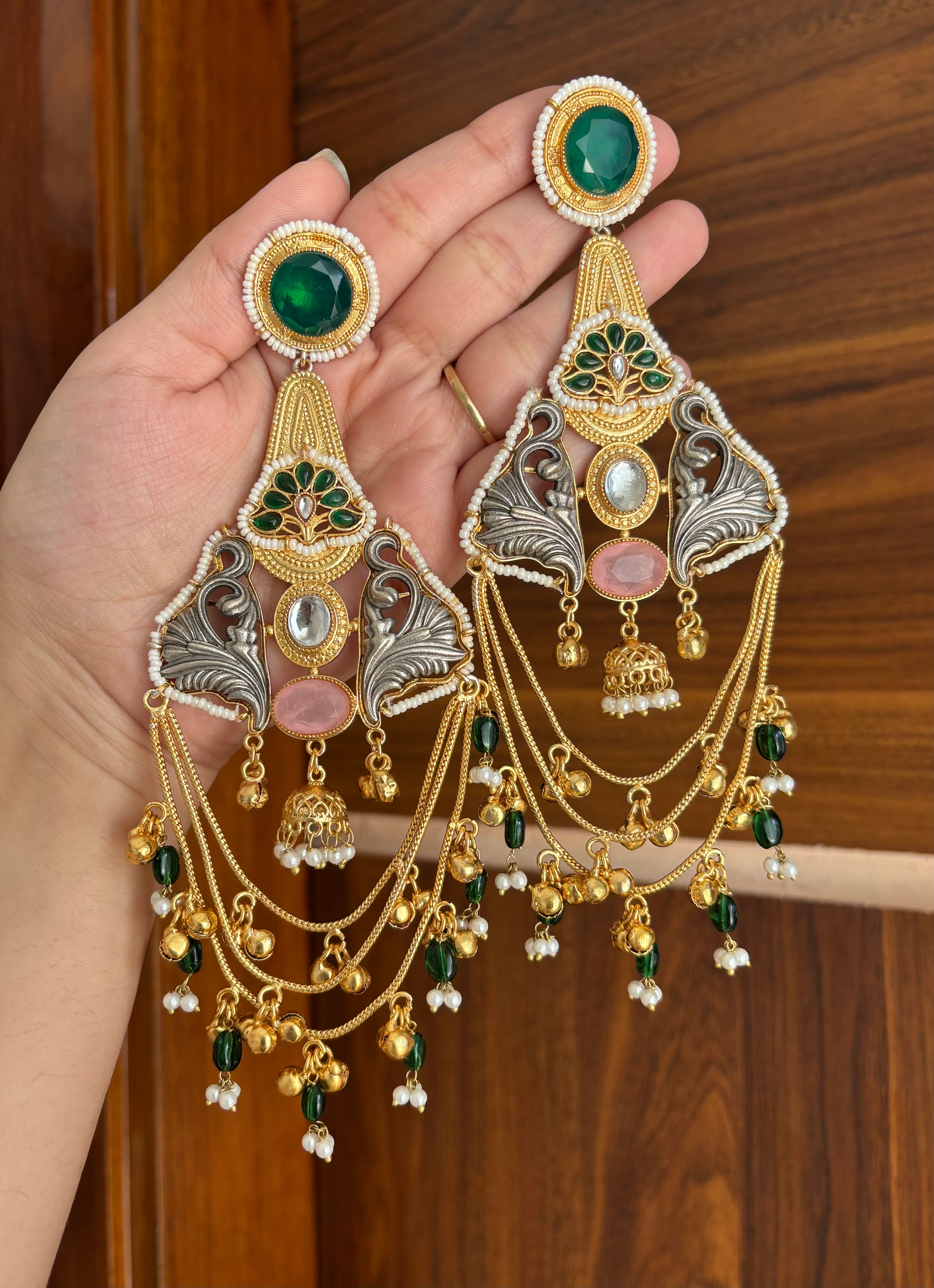 Barkha Kashmiri Heavy Look Long Earrings ( Green & Pink Mix )