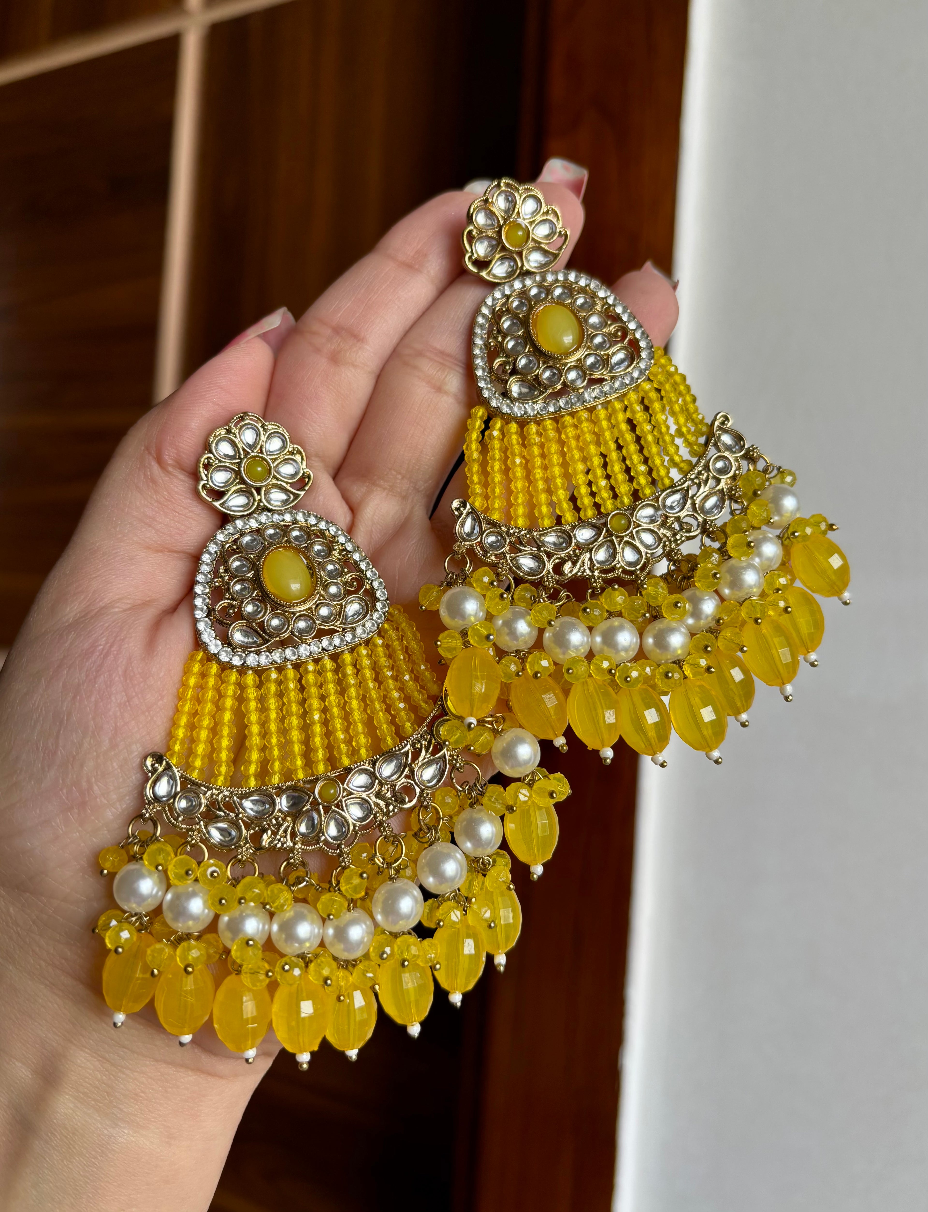 High Quality Designer Mughal Long Earrings (Yellow)