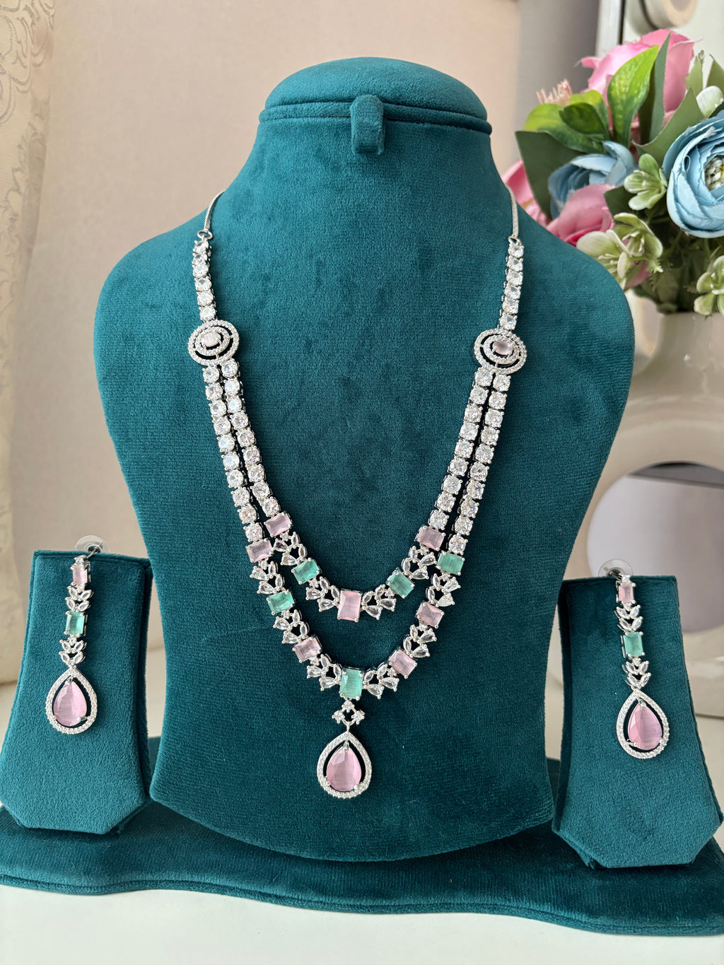Double Layer Long American Diamond Necklace With Earrings ( Pink Mint)