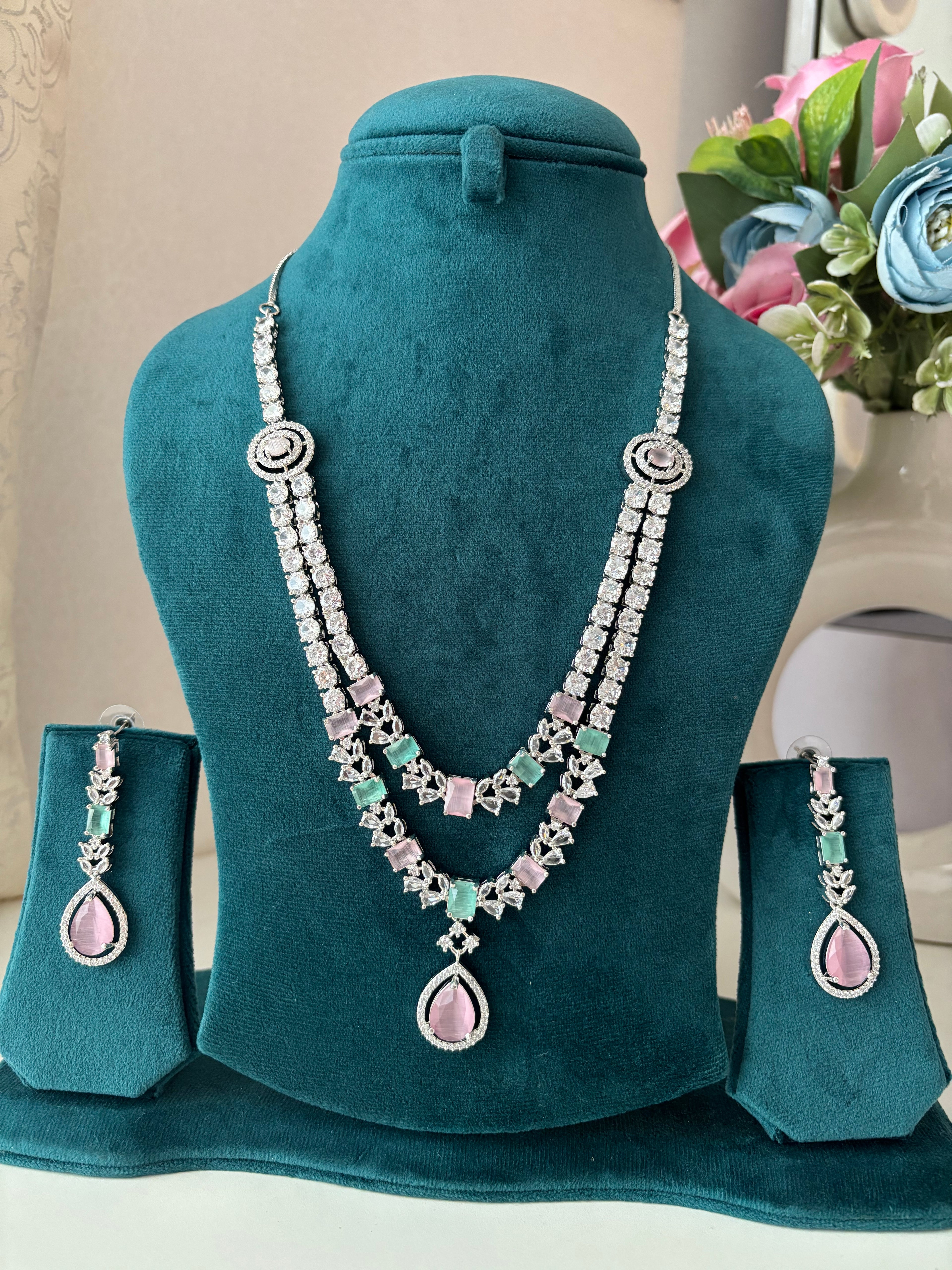 Double Layer Long American Diamond Necklace With Earrings ( Pink Mint)