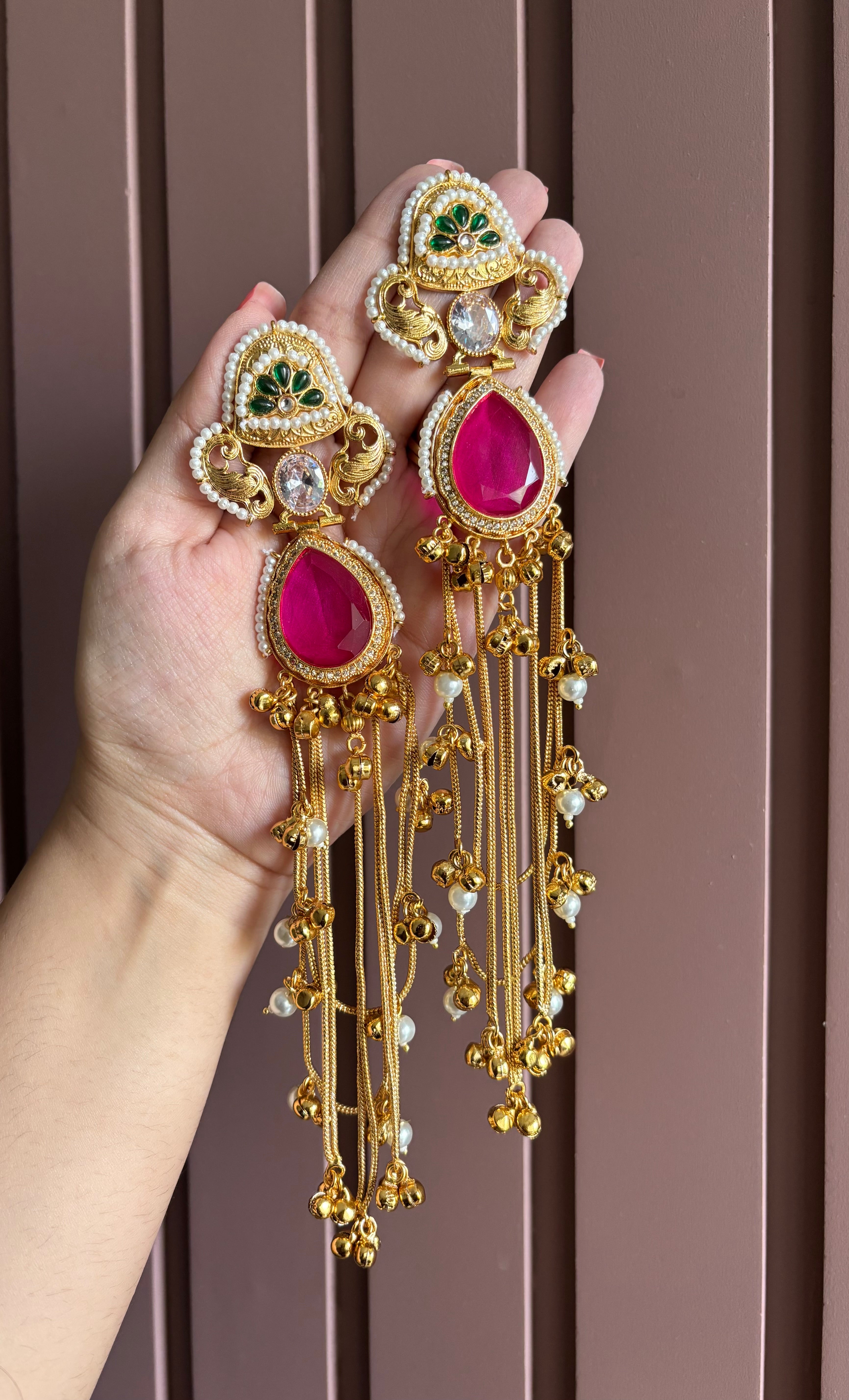 Yamini Long Kashmiri Earrings (Dark Pink)