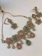 Princess Jasmine Turkish Necklace With Mang Tikka & Earrings (Pink & Mint)