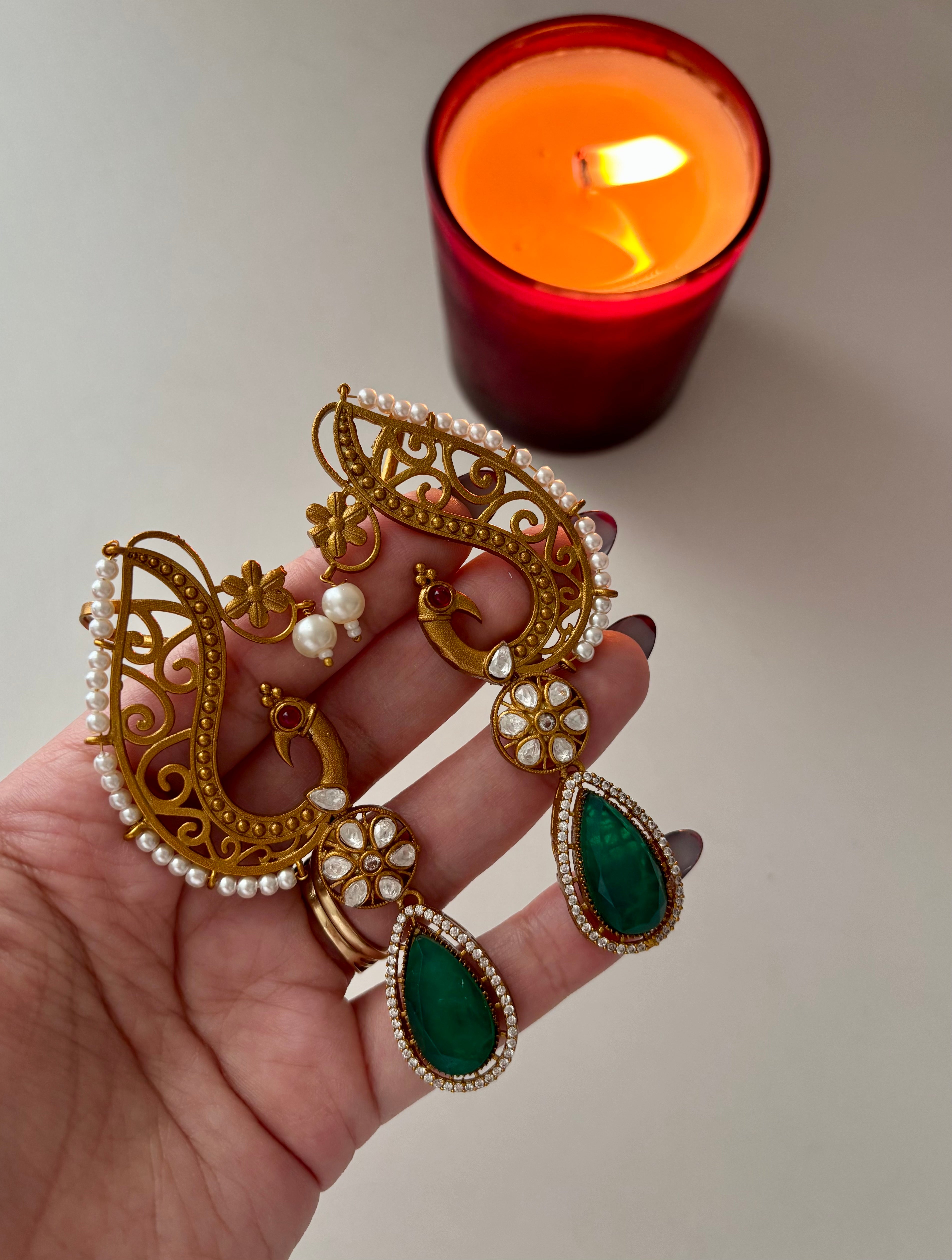Moissanite & Doublet Stones Work Peacock Earcuff (Emerald)