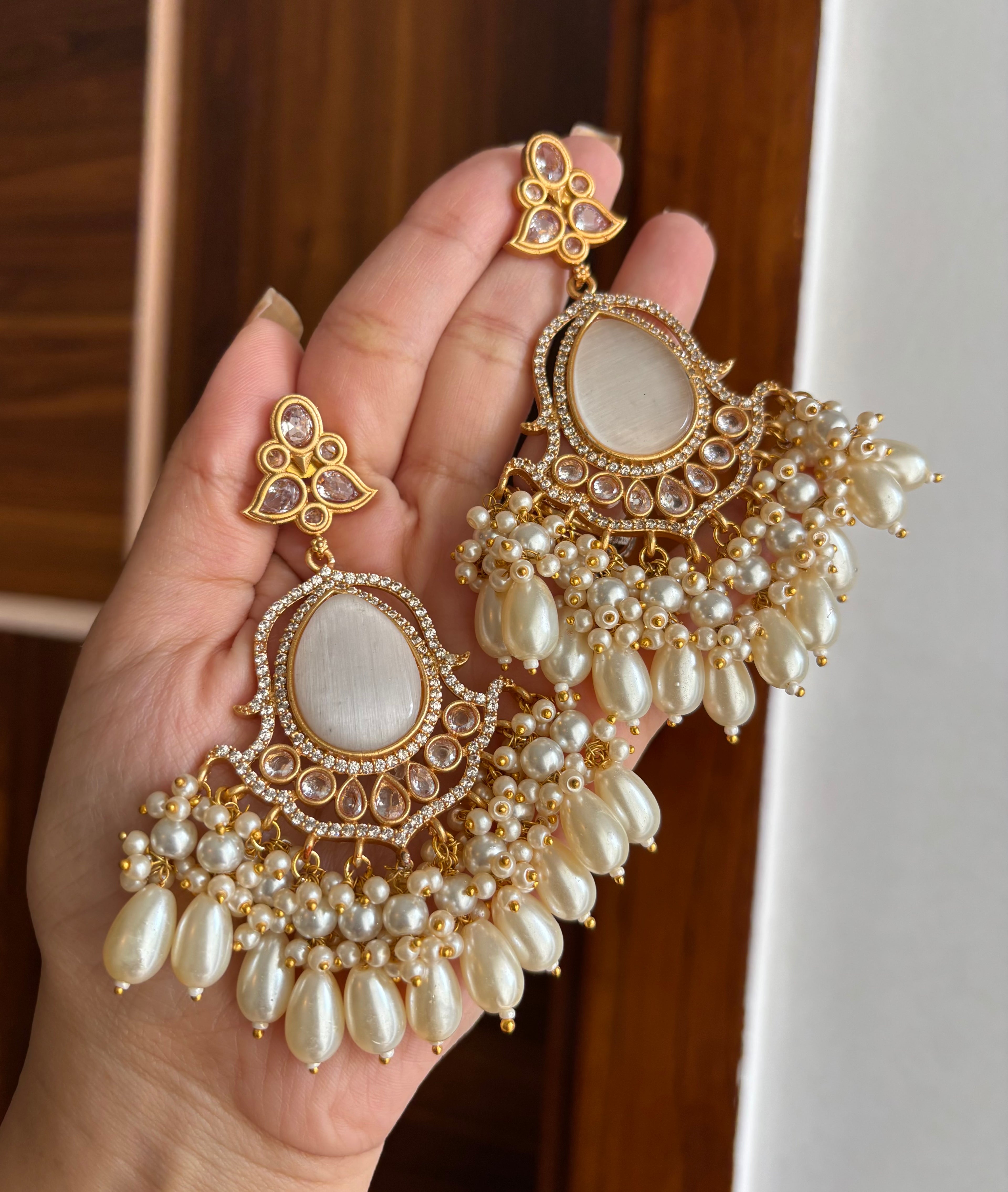 Premium Quality American Diamond Earrings In Monazite Stone Touch ( Ivory)