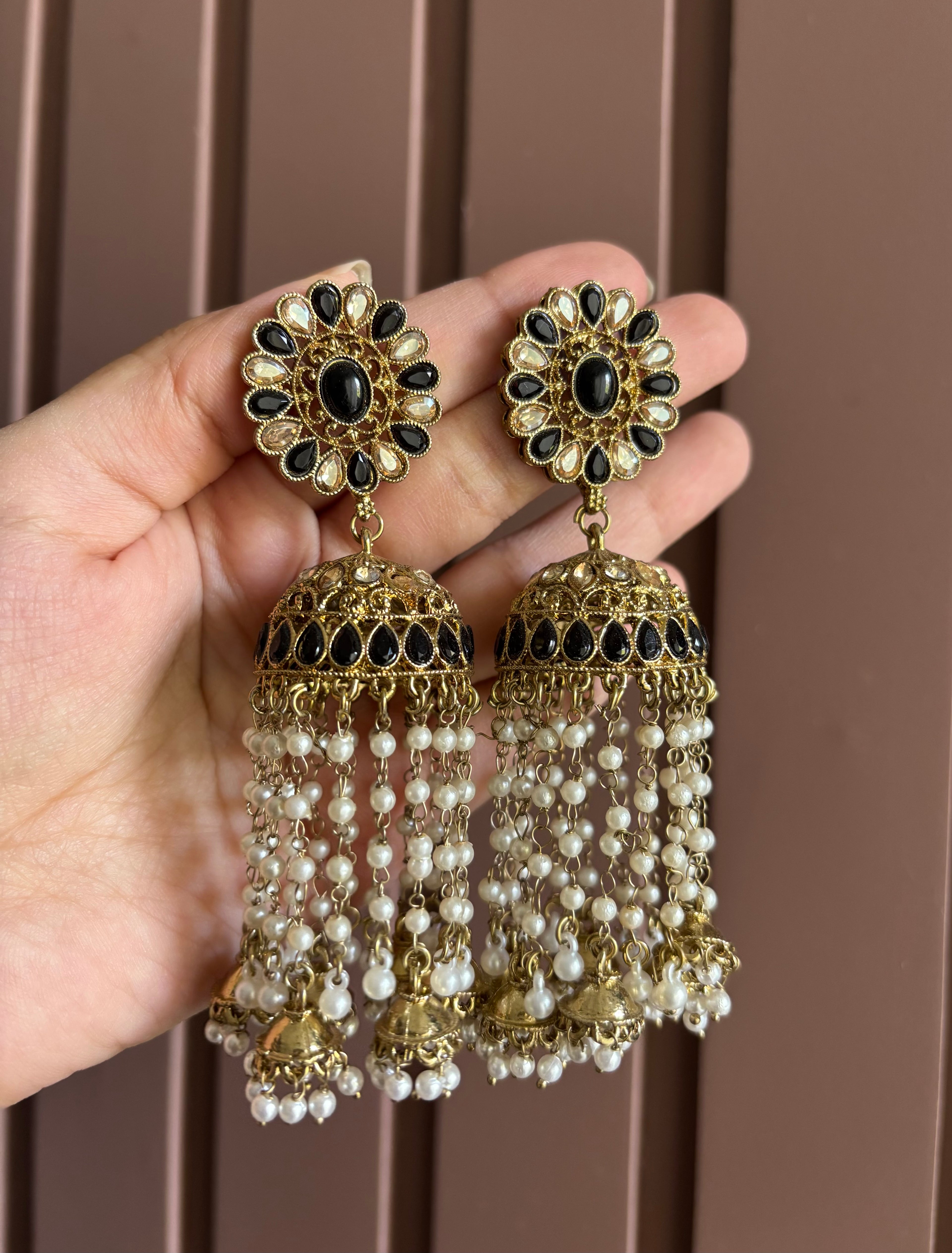 High Quality Designer Flower Layer Touch Jhumkas ( Black )