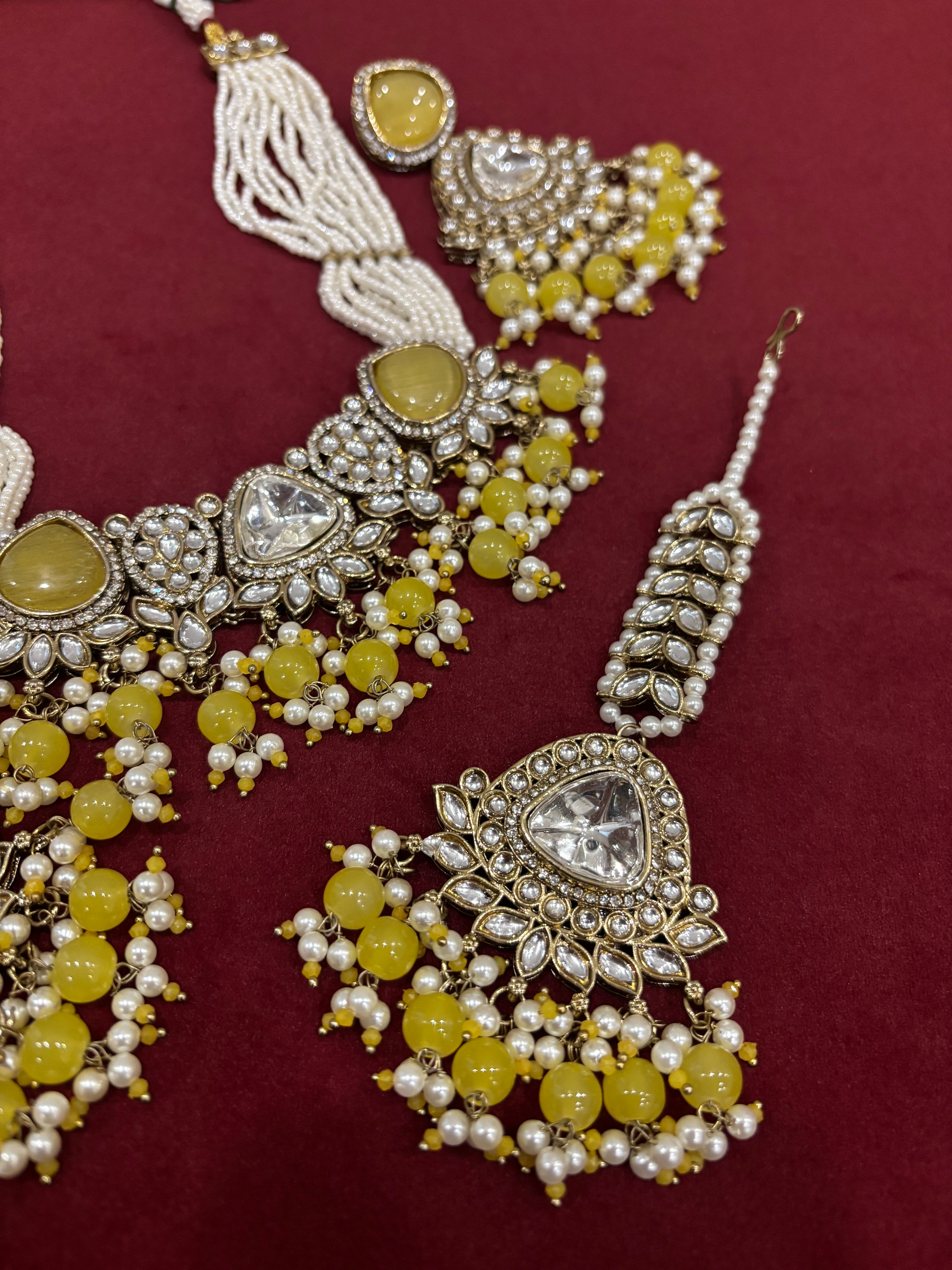 Yellow Navneet Heavy Look Choker Set With Mang Tikka & Earrings