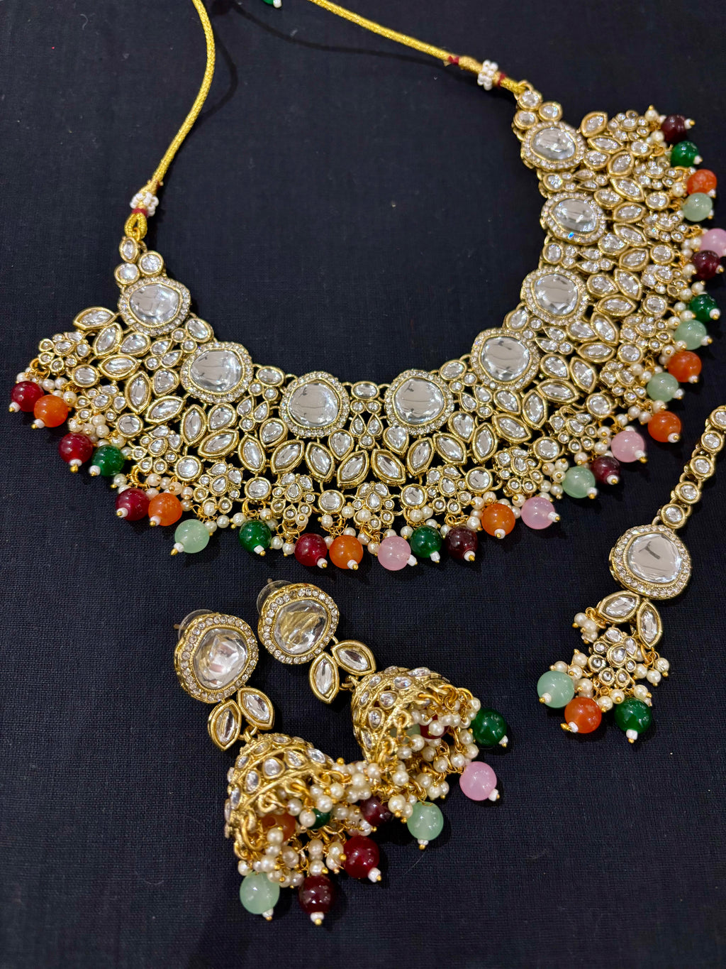 Aman Kundan Heavy Look Necklace With Mang Tikka & Jhumkas ( Multi )