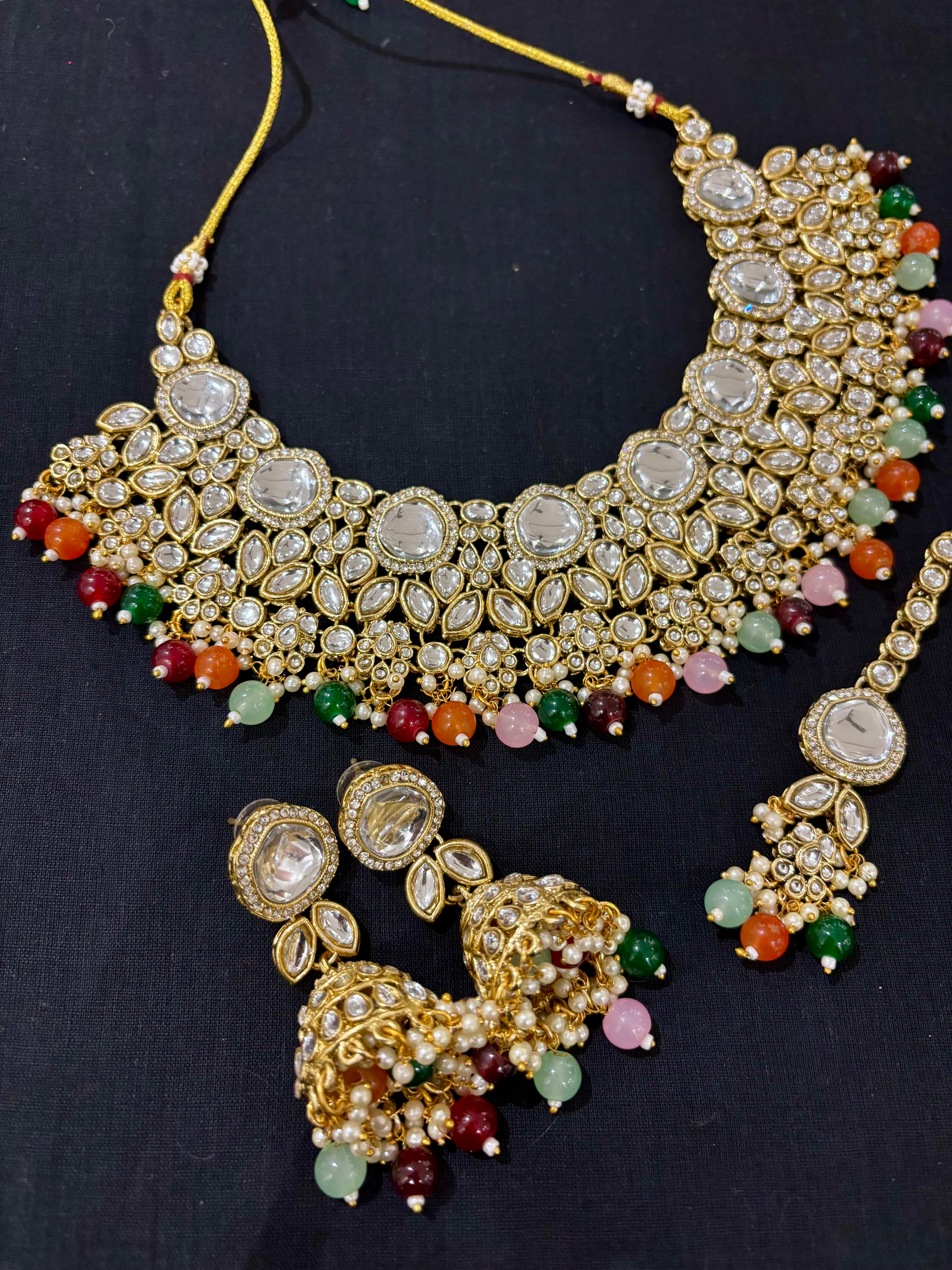 Aman Kundan Heavy Look Necklace With Mang Tikka & Jhumkas ( Multi )