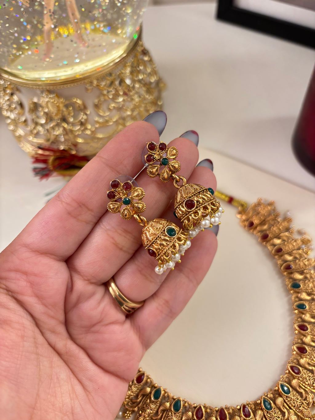 Gold Look Like Ruby & Emerald Touch Necklace With Jhumkas