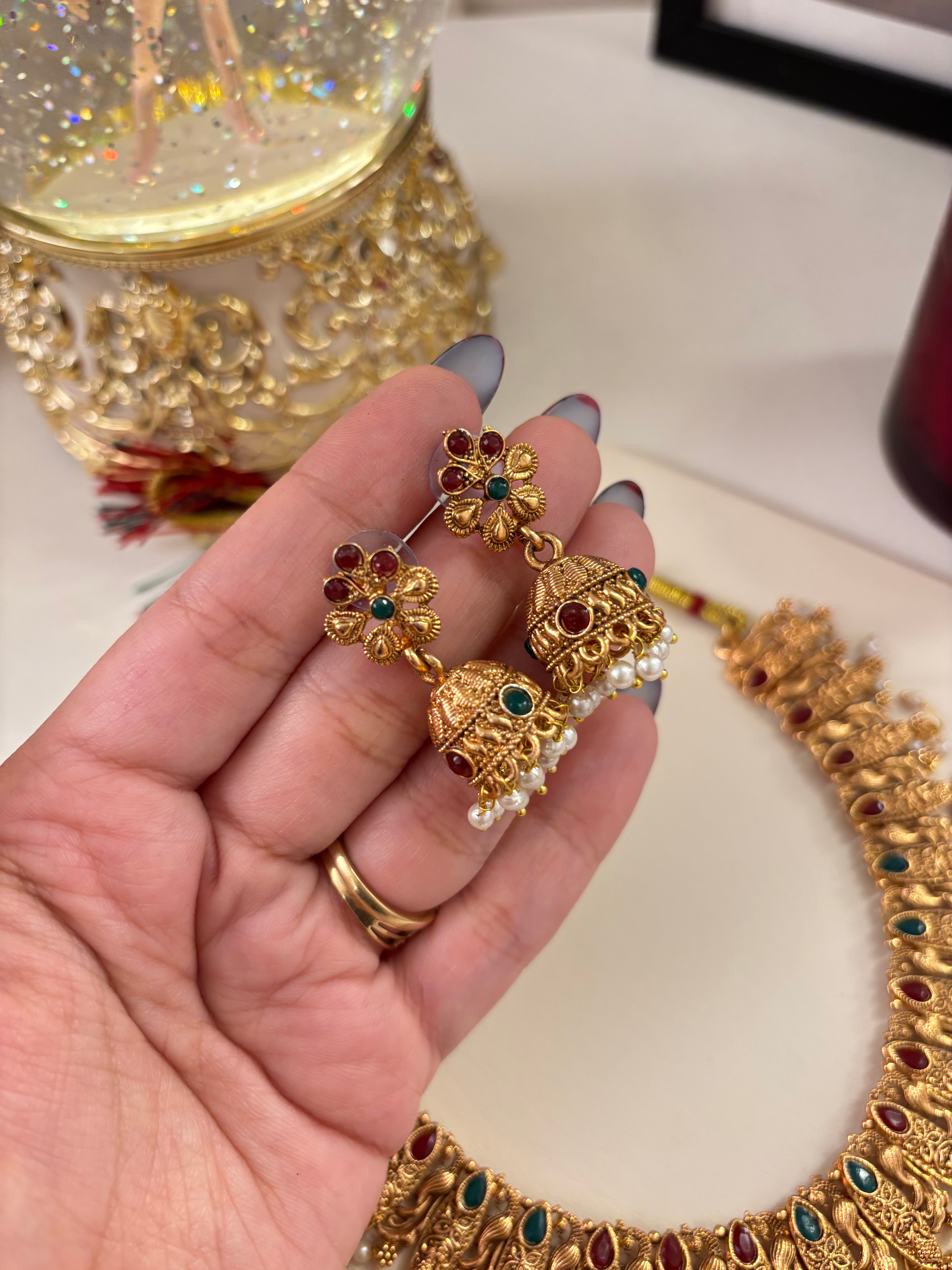 Gold Look Like Ruby & Emerald Touch Necklace With Jhumkas