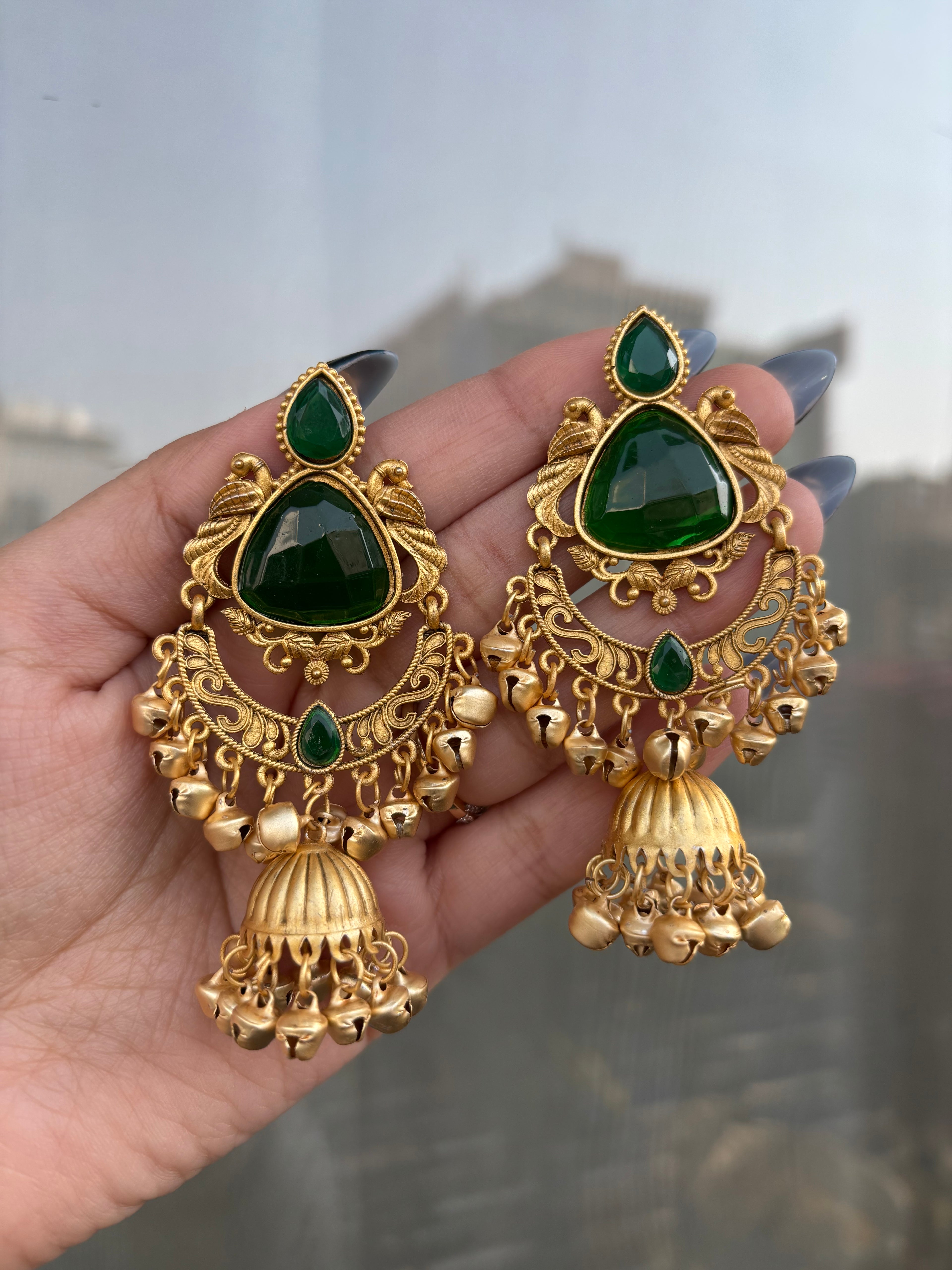 Green Chandbali Kashmiri Ghungroo Earrings