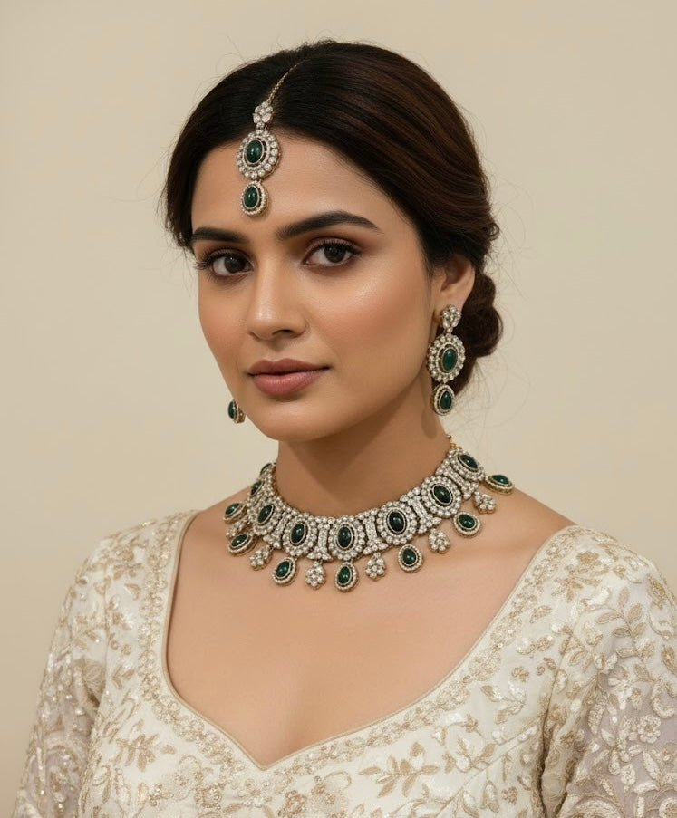 High Quality Designer Bold Green Choker With Mang Tikka & Earrings