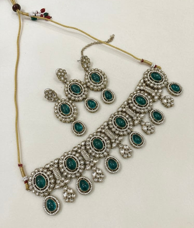 High Quality Designer Bold Peacock Blue Choker With Mang Tikka & Earrings