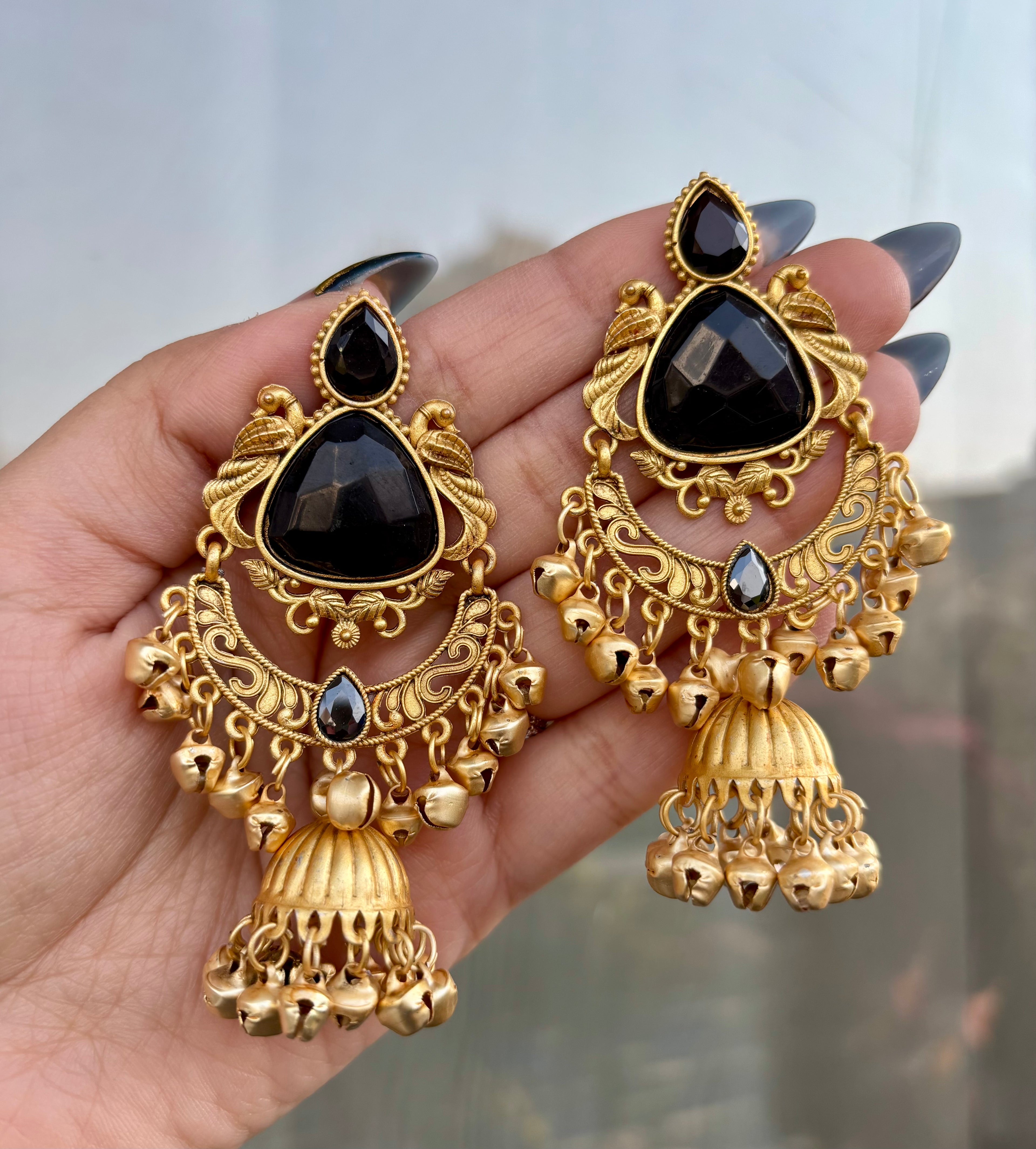 Black Chandbali Kashmiri Ghungroo Earrings