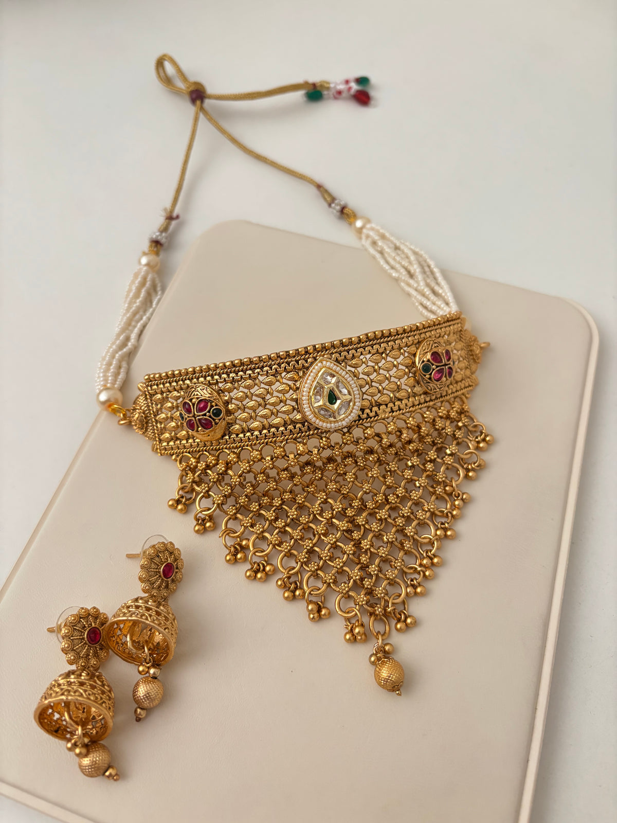 Premium Gold Look Like Choker Set With Jhumkas Design-25