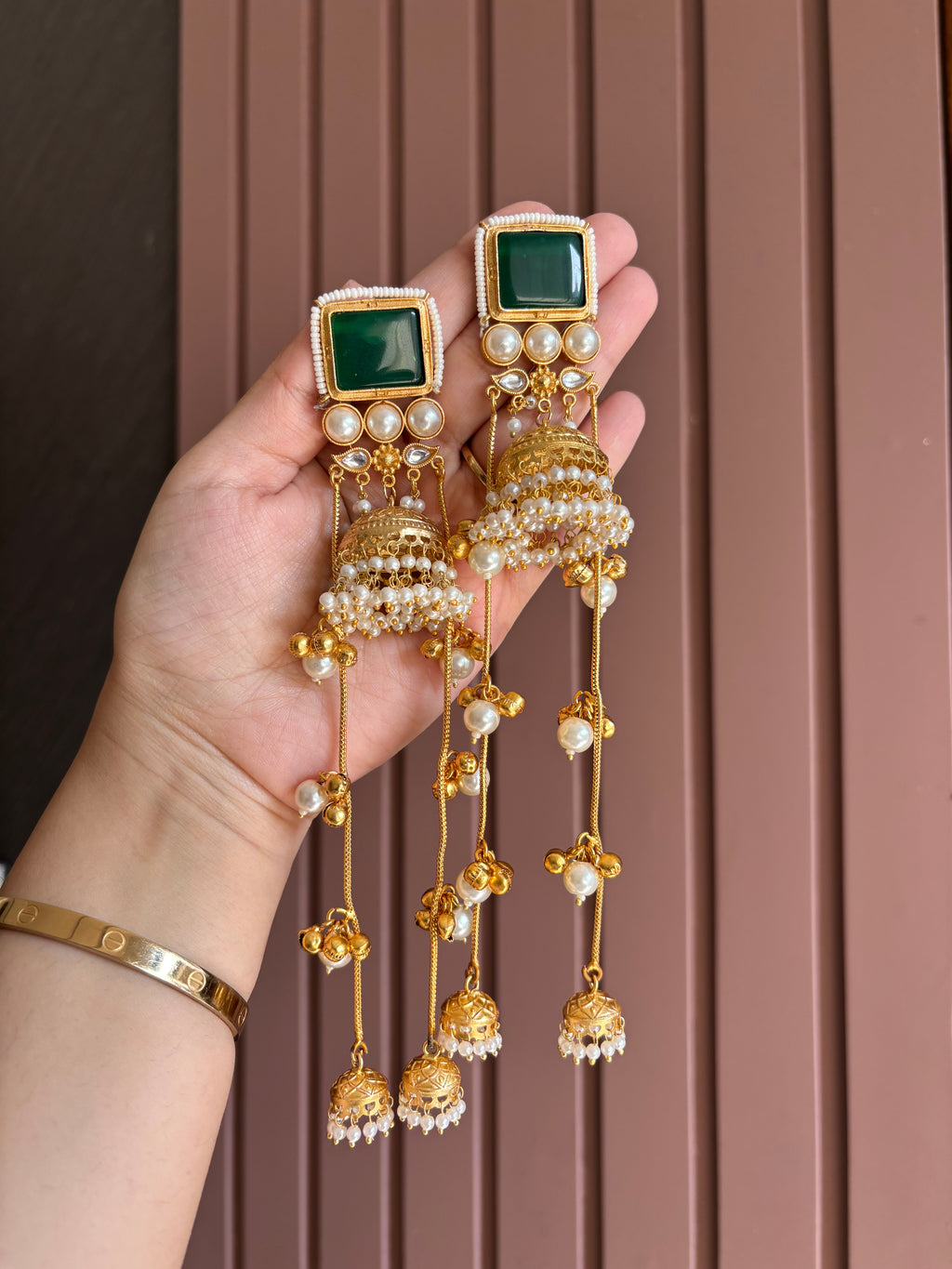 High Quality Designer Tanisha Jhumkas With Long Layers ( Green )