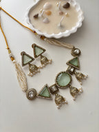 Jazz Doublet Stone Work Choker With Earrings (Mint)