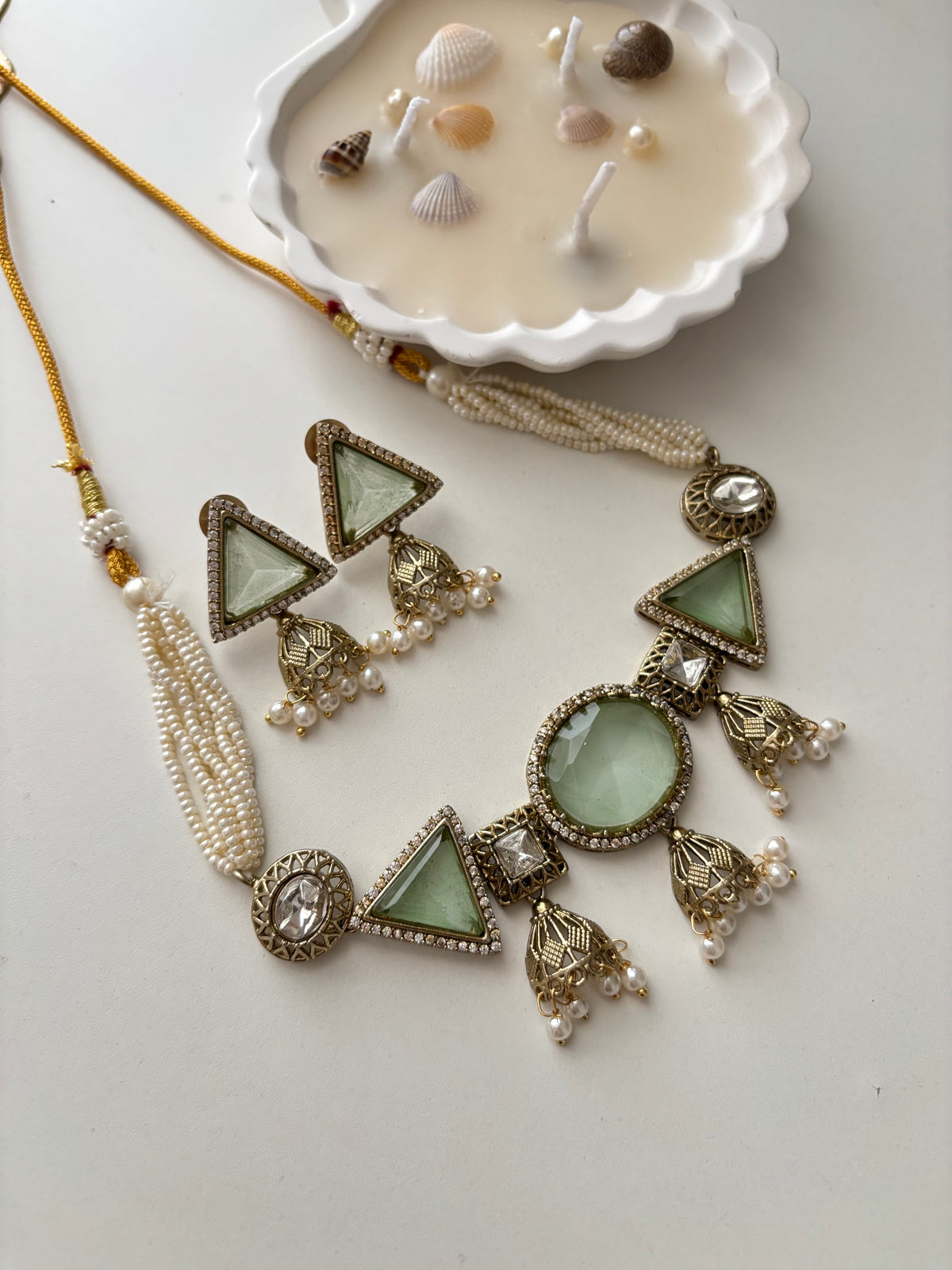 Jazz Doublet Stone Work Choker With Earrings (Mint)