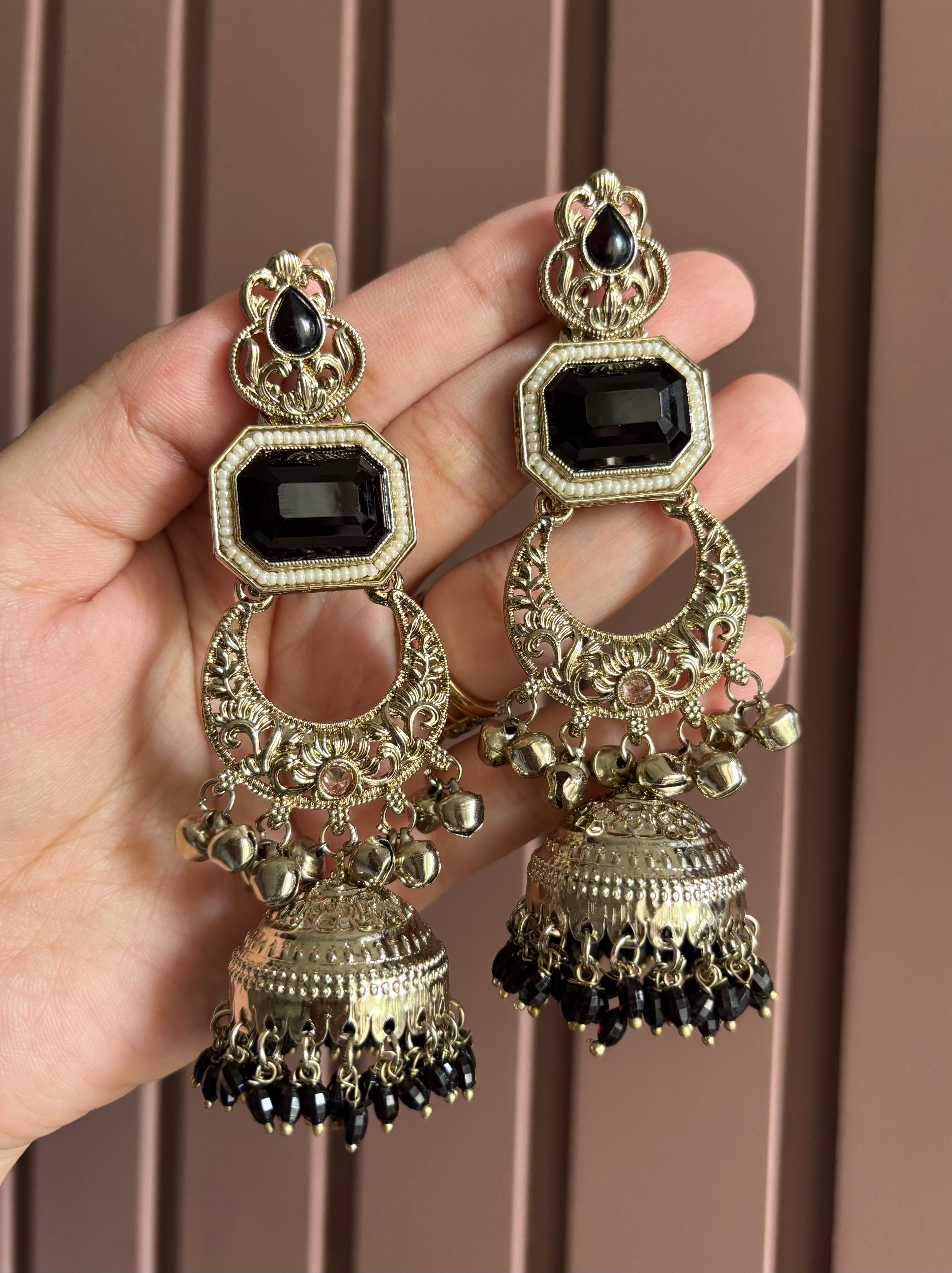 Brass Chandbali Jhumkas (Black)
