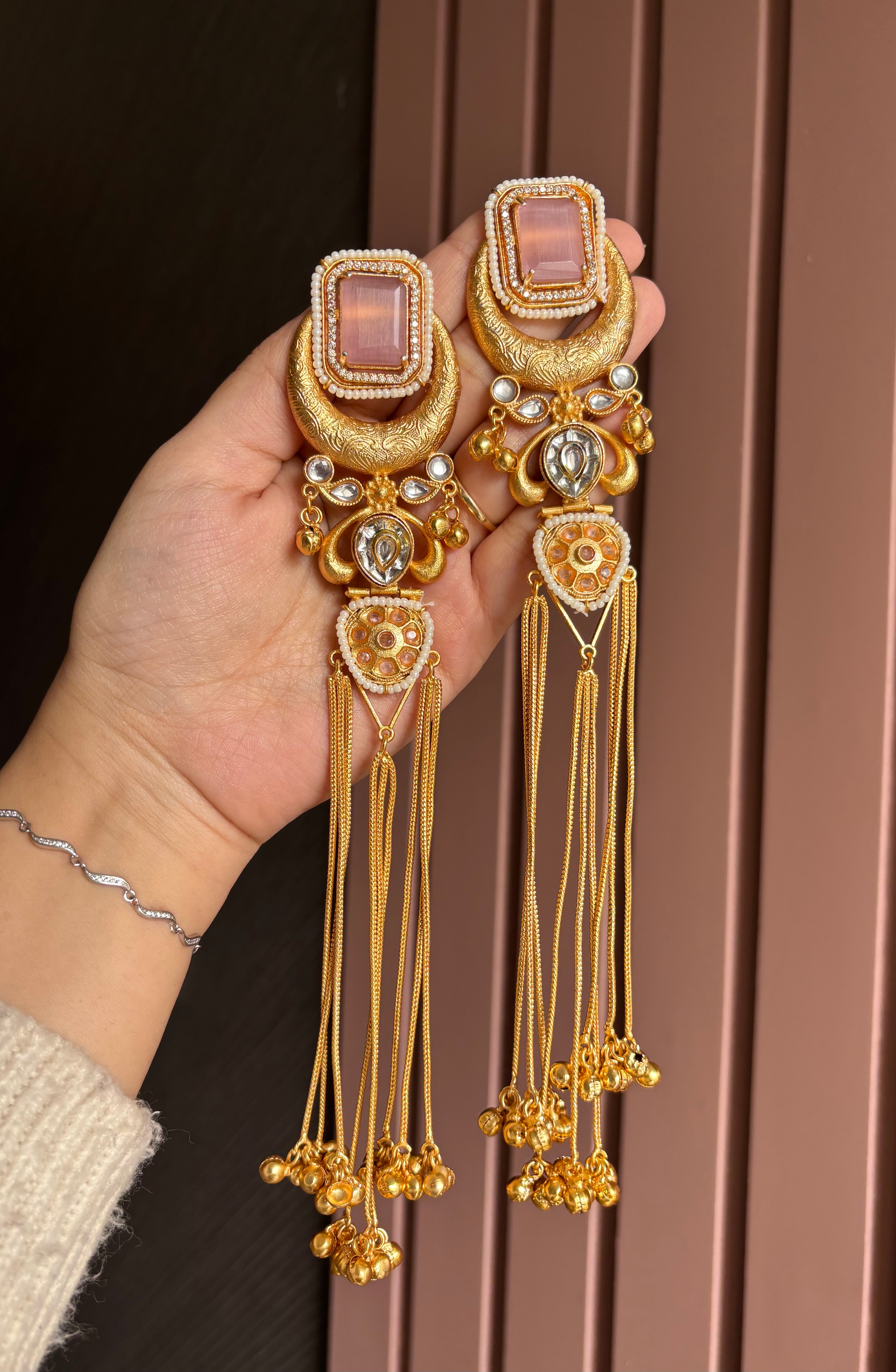 Jasleen Long Pink Kashmiri Statement Earrings