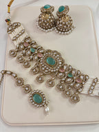 Premium Choker Choker Set With Mang Tikka & Jhumkas Moissanite Work (Pink/Mint)