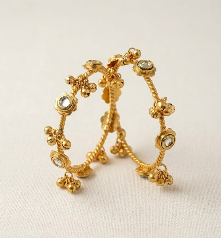 Kundan Flower Brass Adjustable Bangles (Pair)