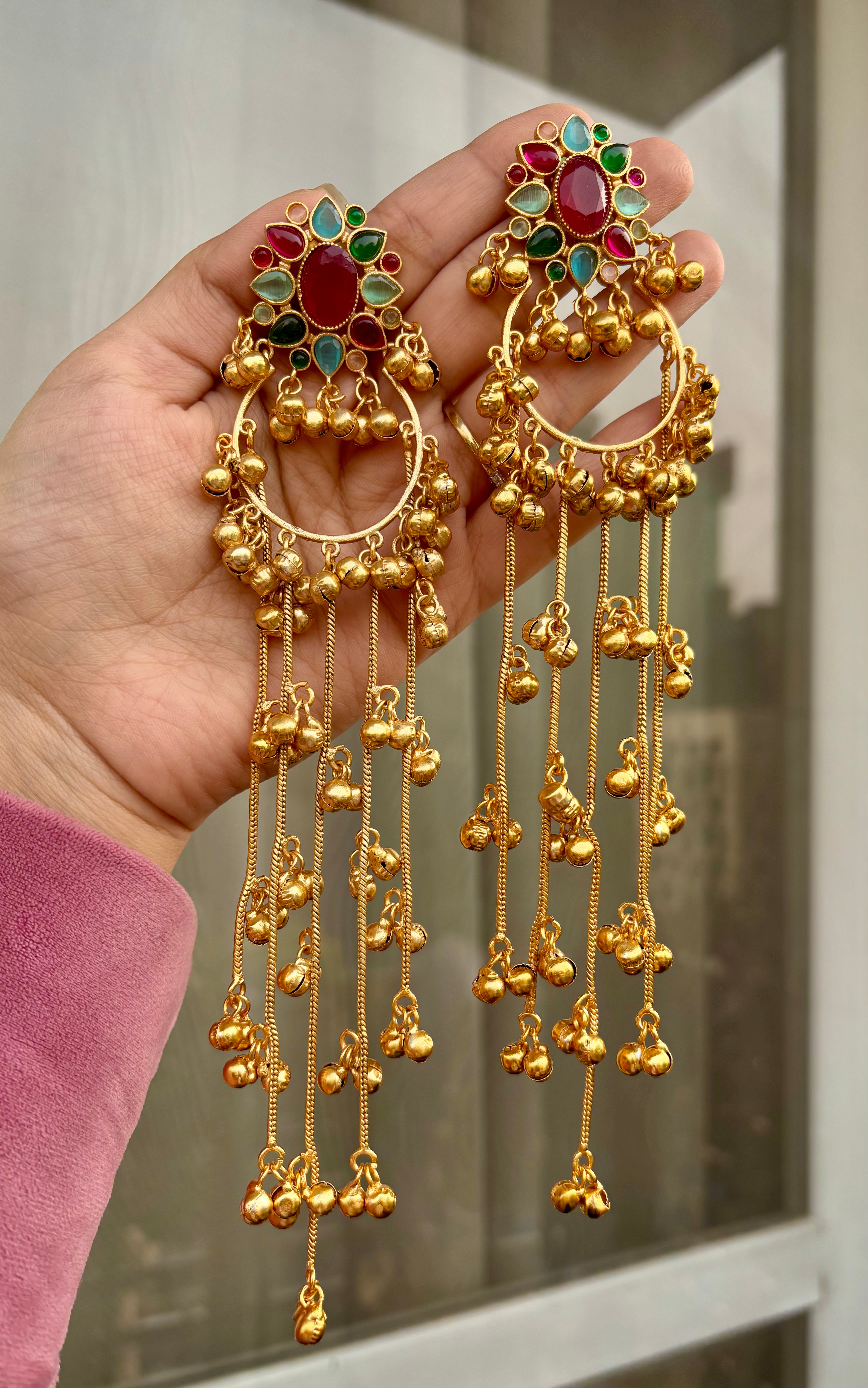 Multi Flower Kashmiri Long Earrings