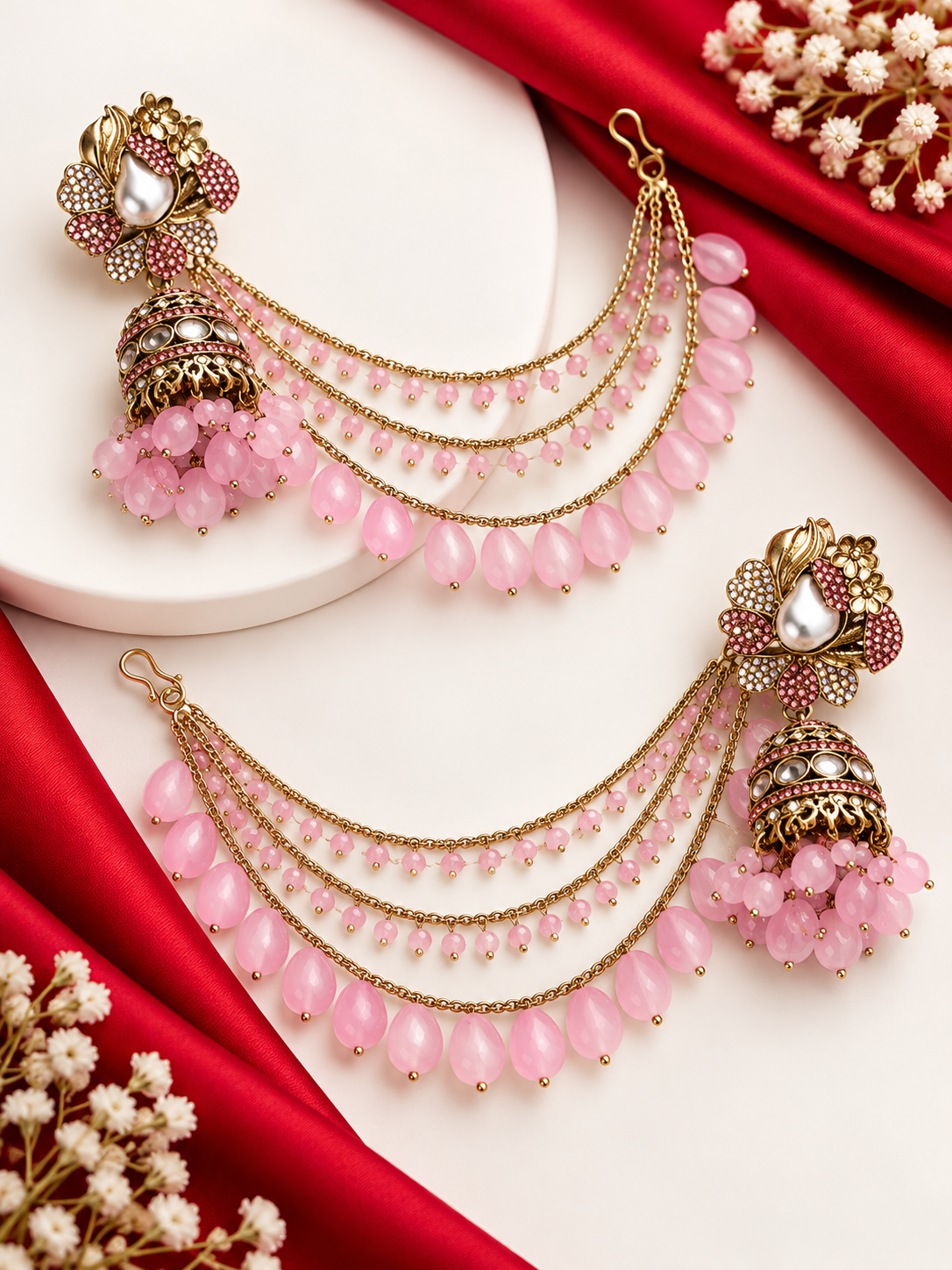 Heena Turkish Jhumkas With Detachable Earchain (Pink)