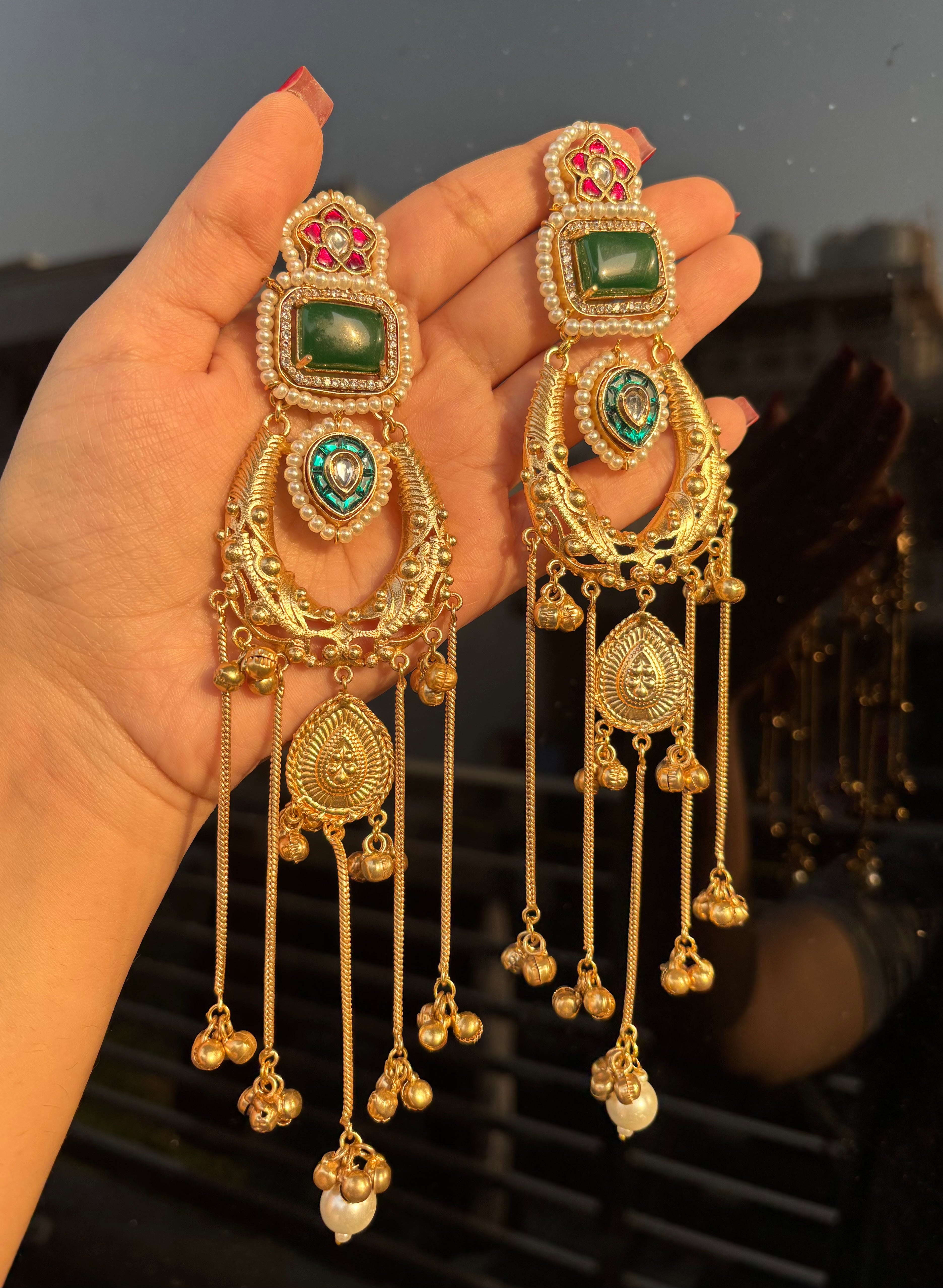 Green Kashmiri Long Earrings
