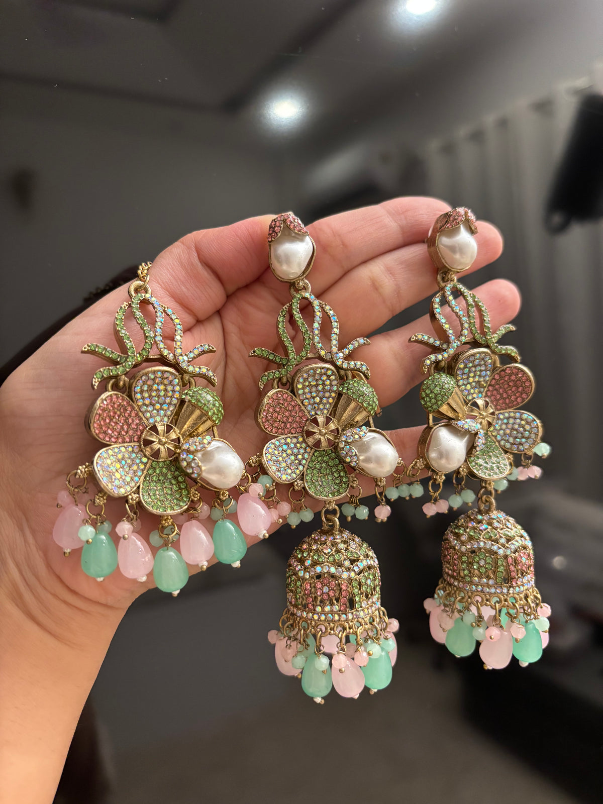 Premium Designer Turkish Long Earrings With Mang Tikka (Mint/Pink)