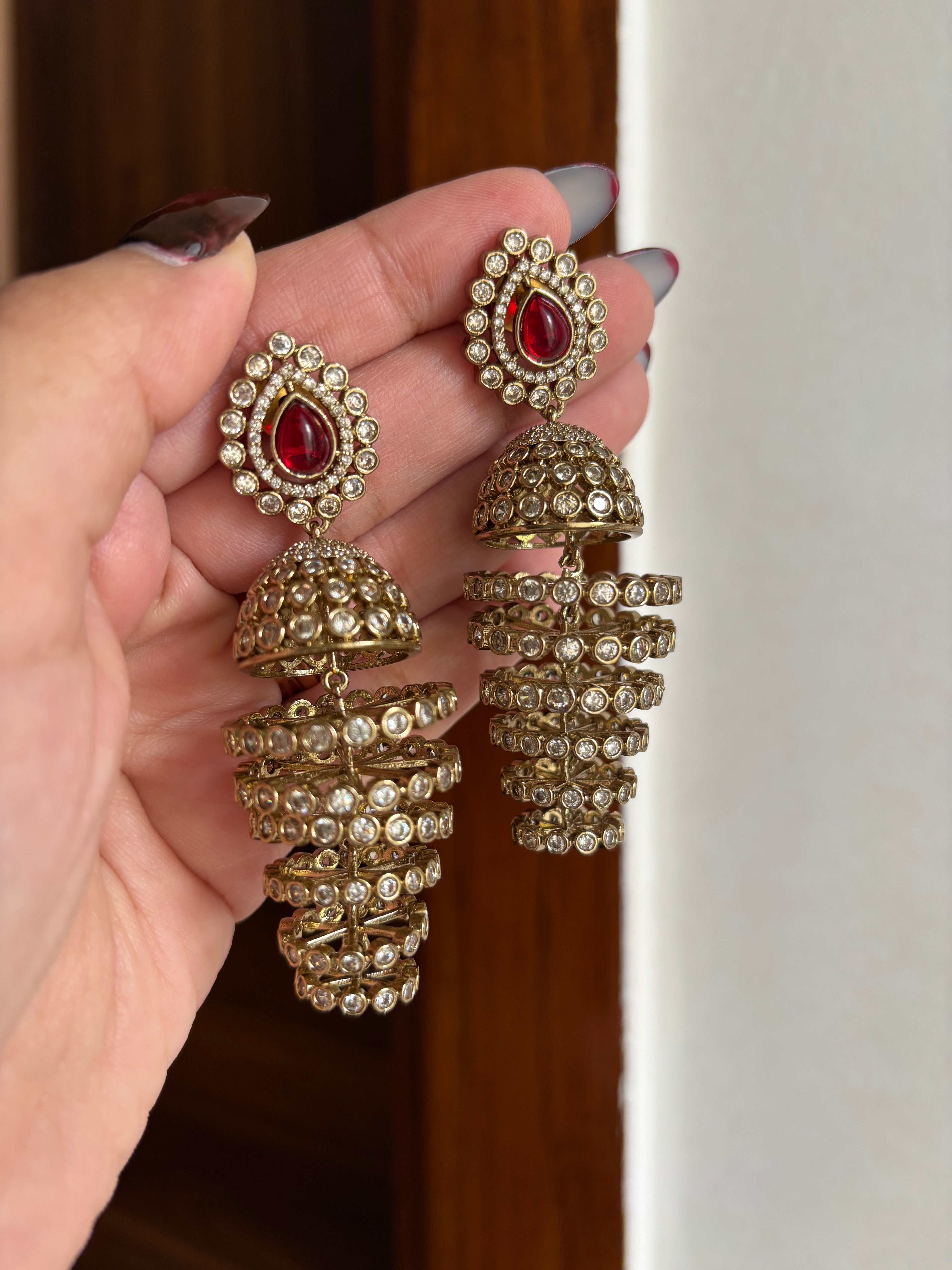 Premium Moissanite Layering Jhumkas (Maroon)