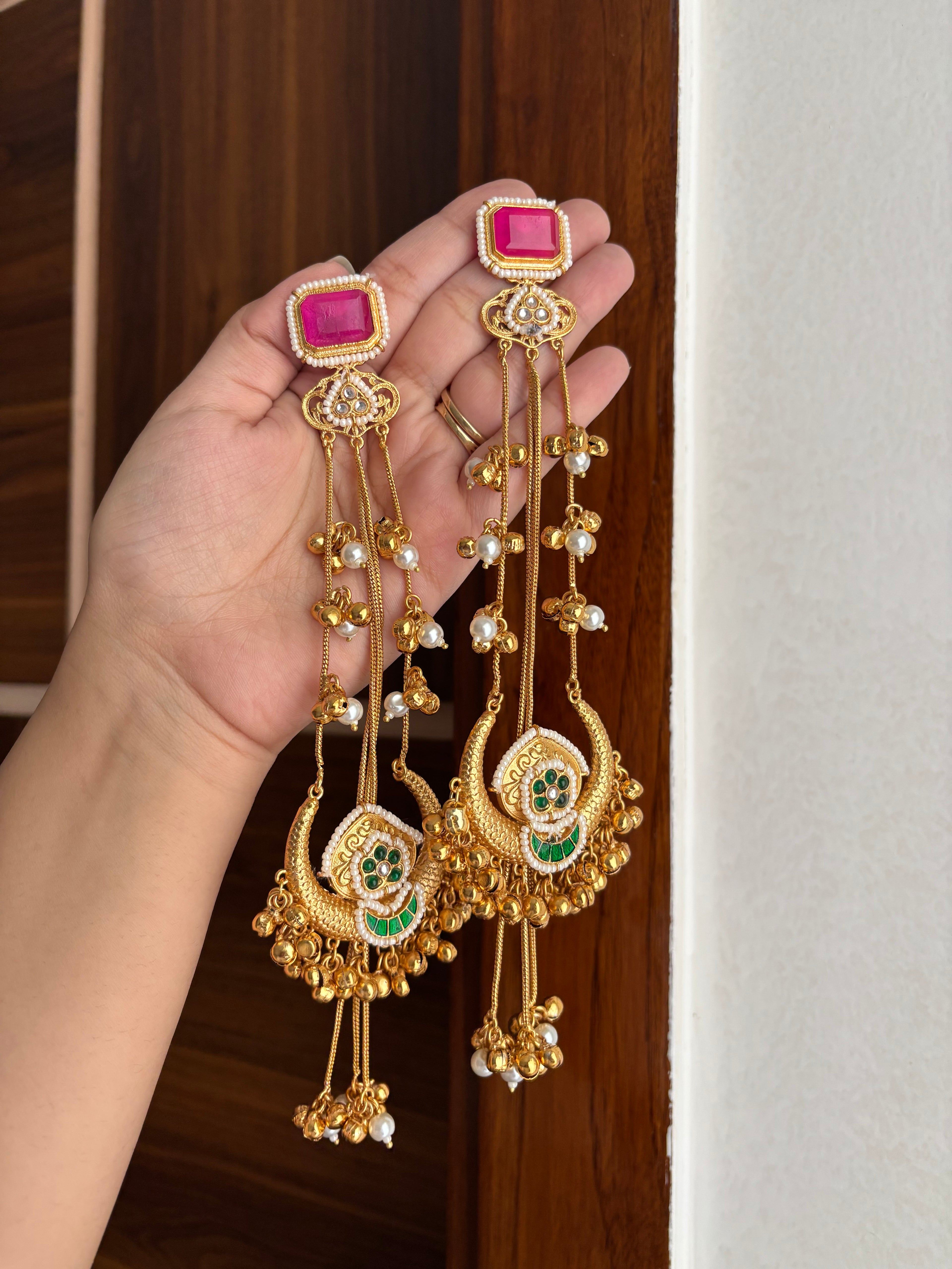 Harsha Kashmiri Long Earrings (Dark Pink)