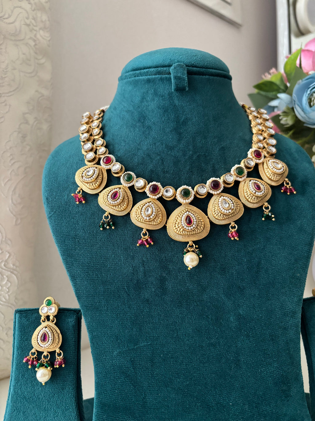 Ruby & Emerald Touch Brass Necklace With Earrings