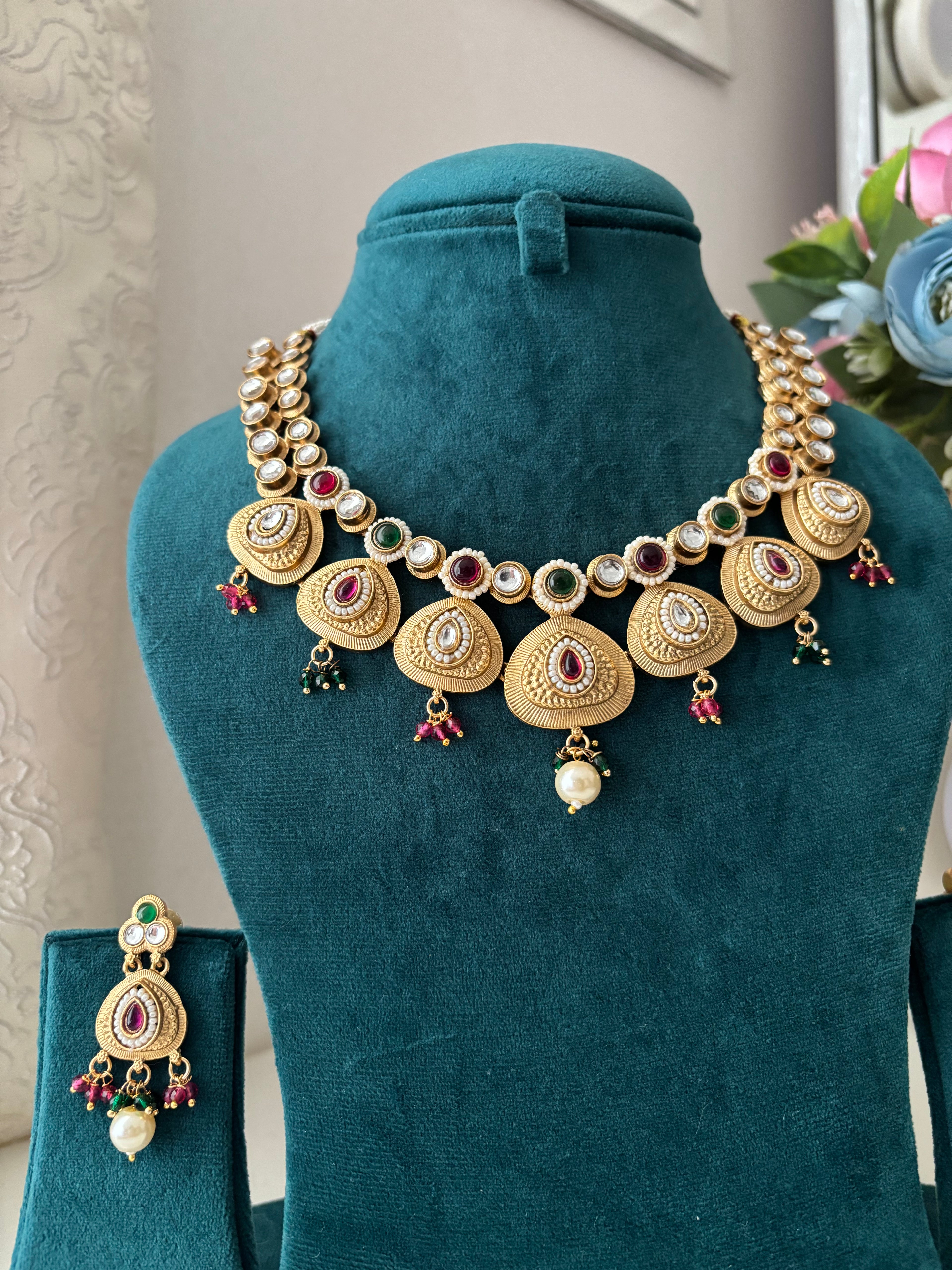 Ruby & Emerald Touch Brass Necklace With Earrings