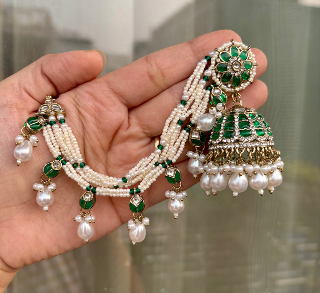 Sunpreet Green Pearls & Stones Touch Work Jhumkas With Side Layers