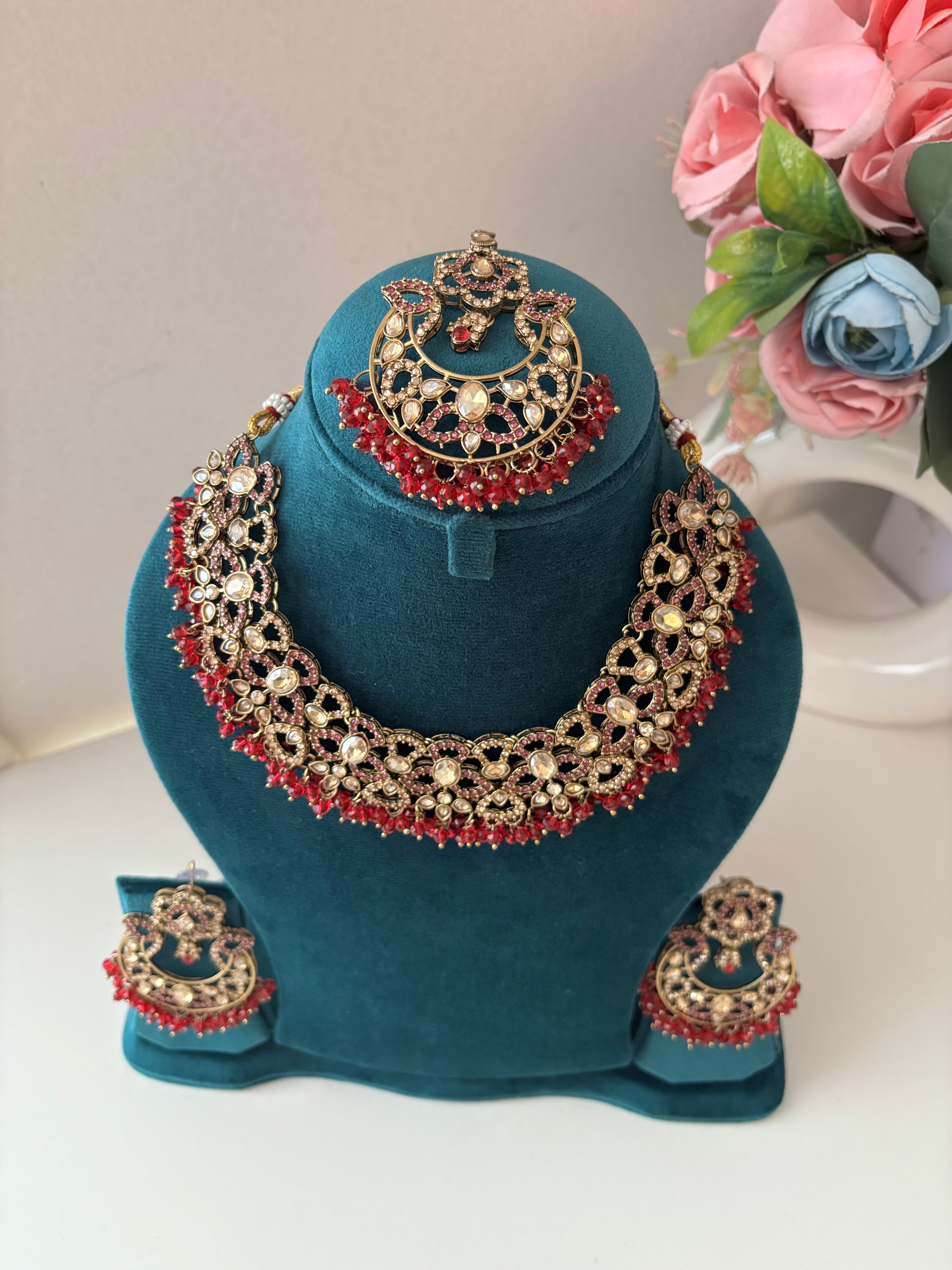Navida Classy Necklace With Mang Tikka & Chandbali Earrings (Dark Pink)