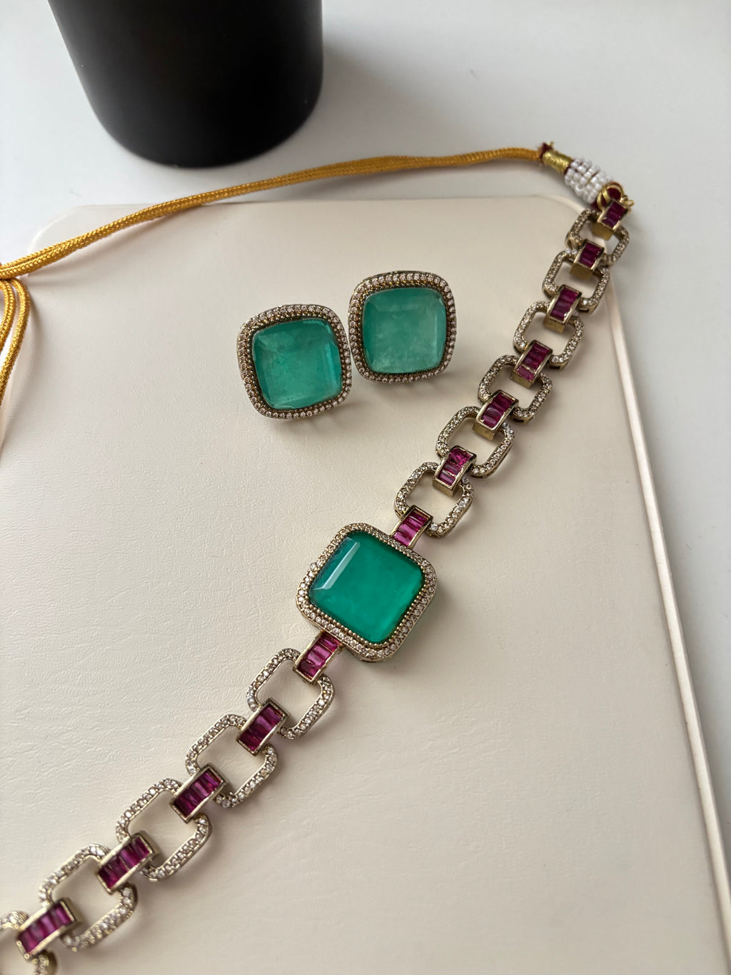 Sabyasachi Inspired Doublet Stone Work Choker With Studs (Turquoise)