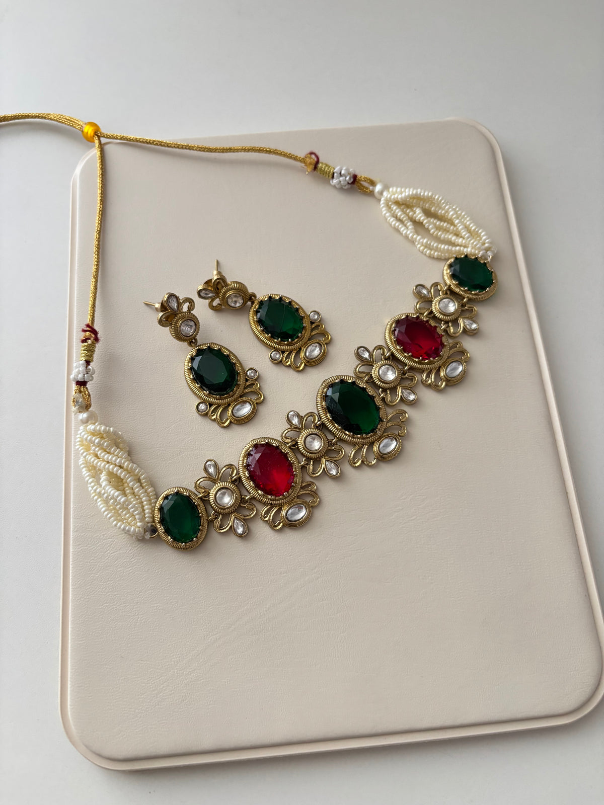 Sabyasachi Dupe Choker Set With Earrings (Red/Green)