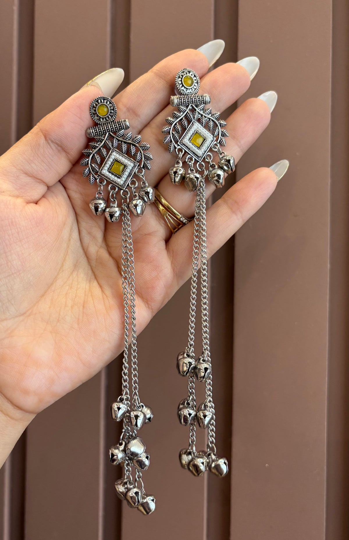 Tripti Silver Ghungroo Earrings (Yellow)
