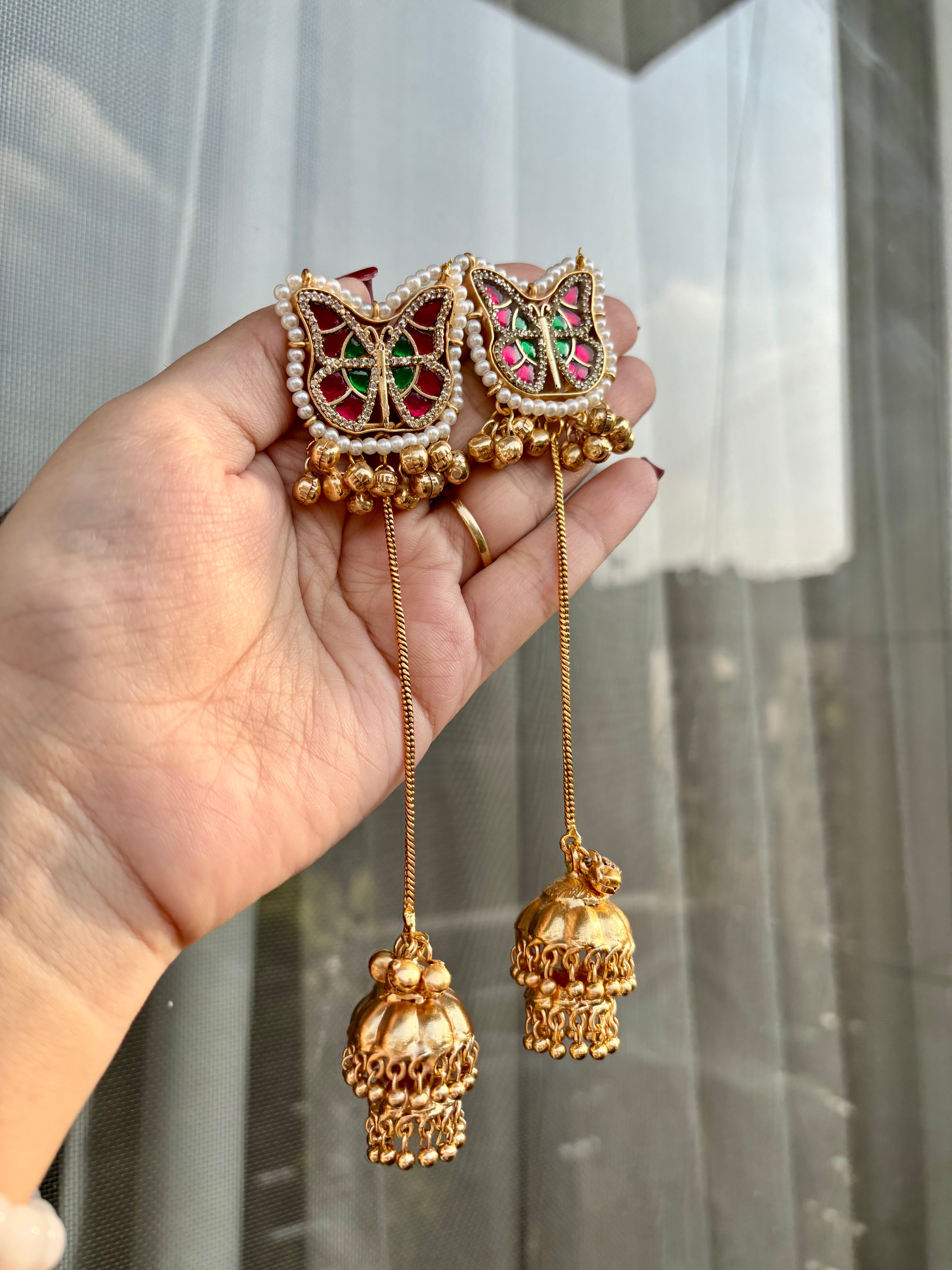 Butterfly Red & Green Combination Kashmiri Long Earrings