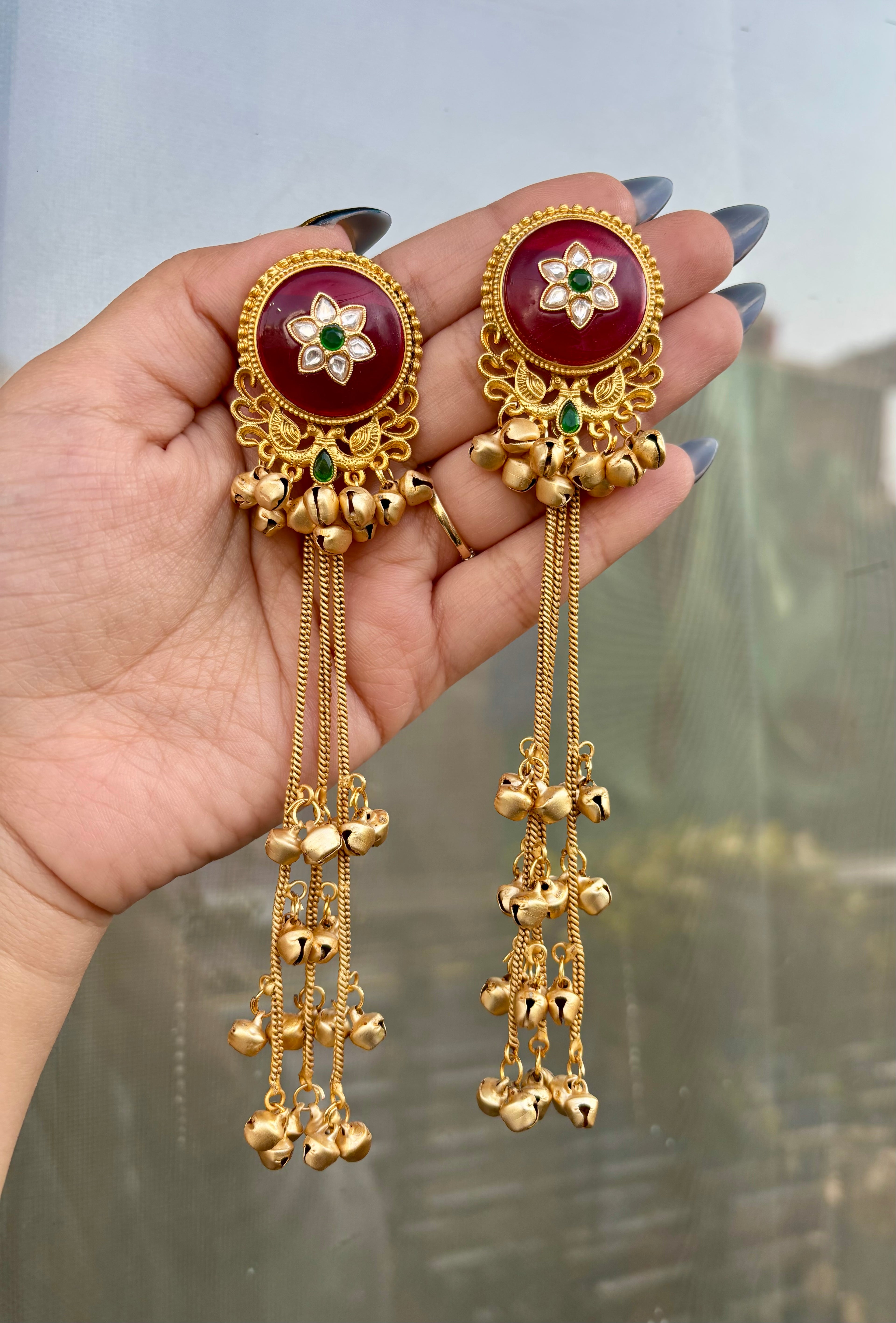 Round Maroon Kashmiri Long Earrings